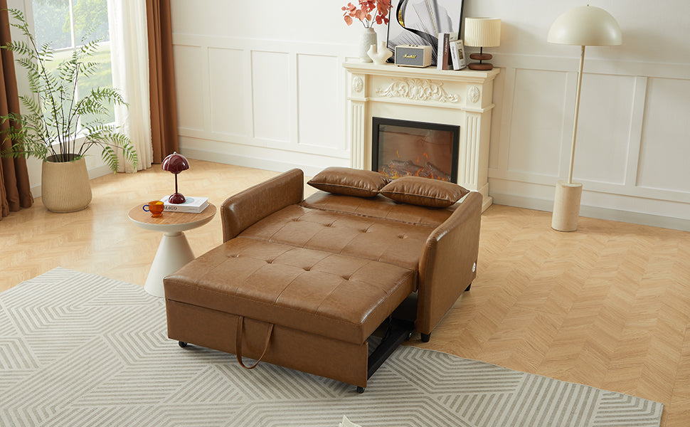Brown leather sofa bed with tufted cushions and a pullout mattress for guest room comfort