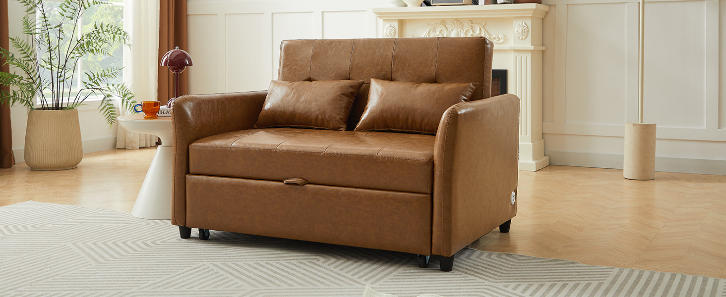 Brown leather convertible sofa with pullout bed