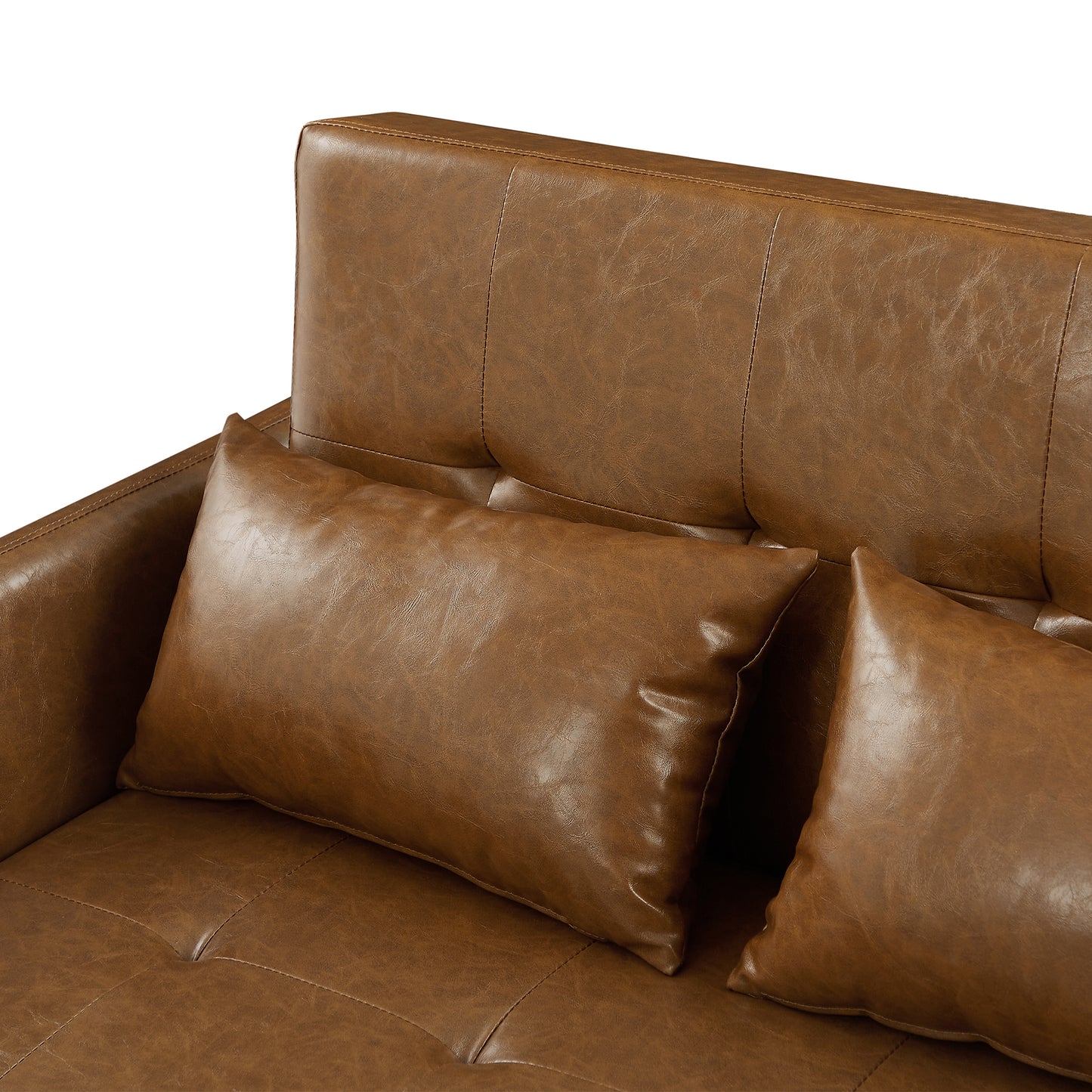 Tufted brown faux leather sofa with lumbar pillows