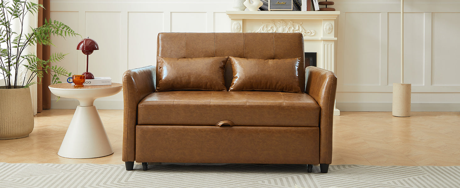 Brown faux leather loveseat sofa with two lumbar pillows and pullout storage