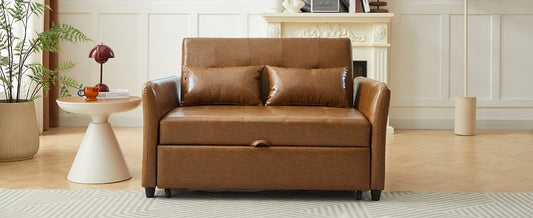 Brown faux leather loveseat sofa with two lumbar pillows and pullout storage