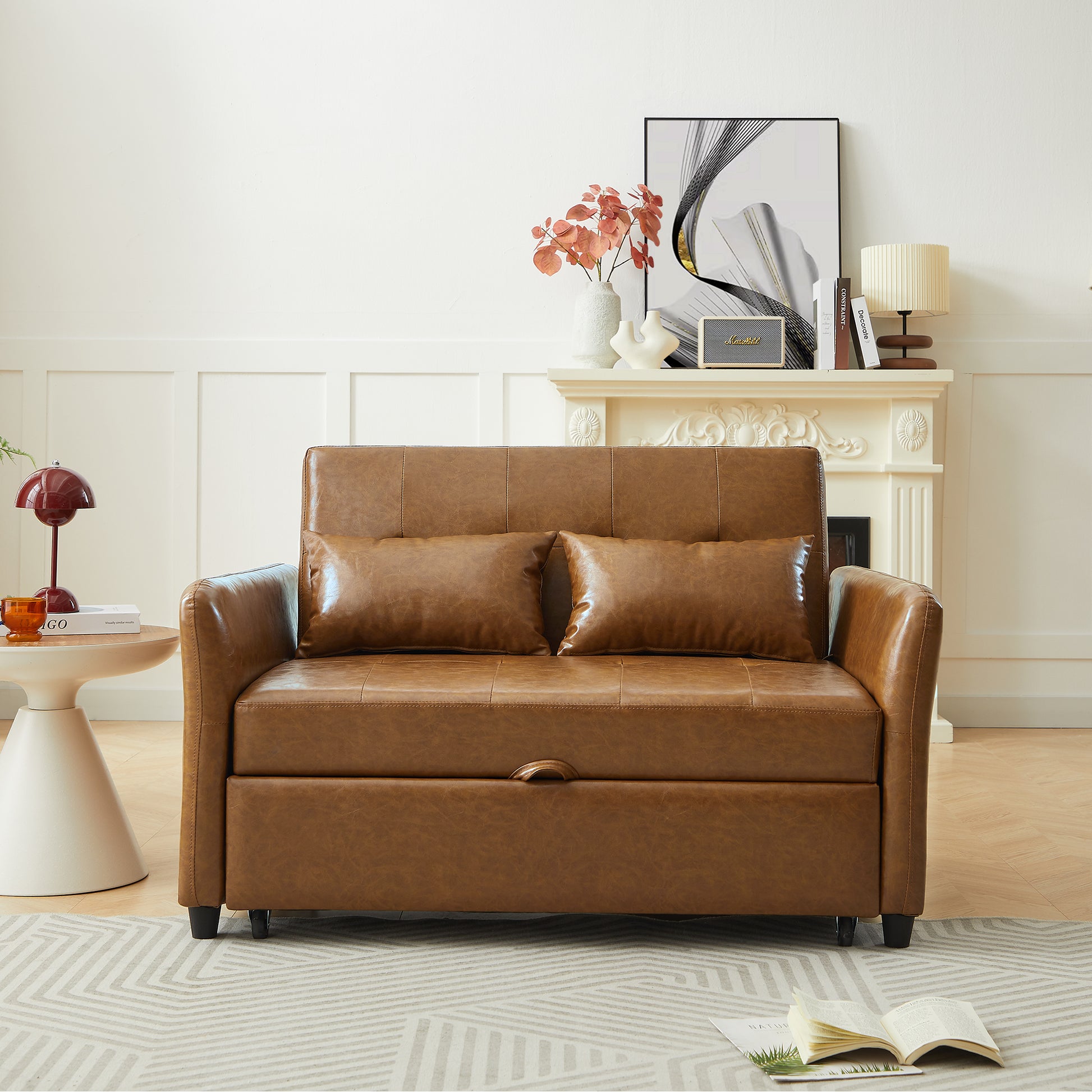 Brown faux leather loveseat sofa with storage