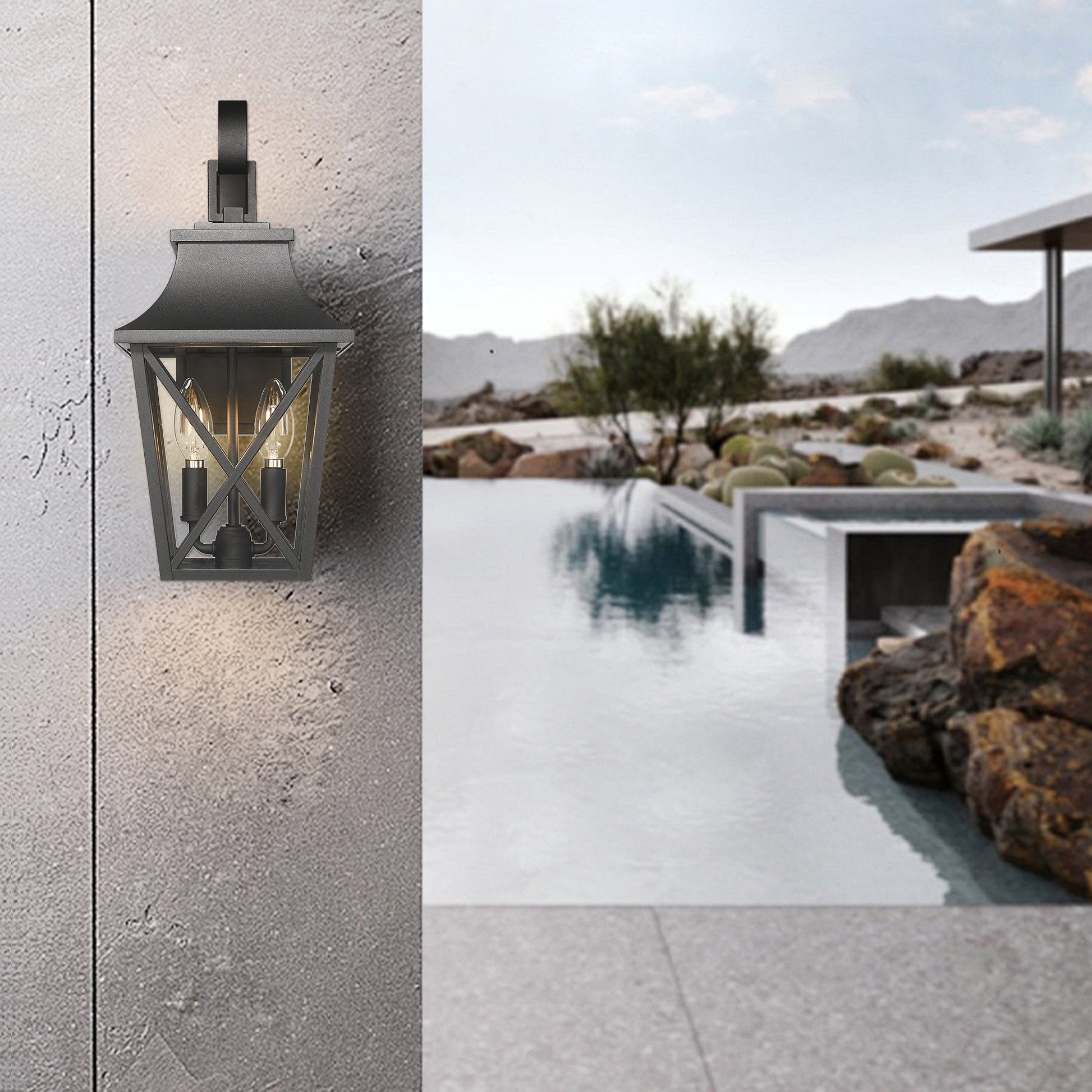 Black metal farmhouse outdoor wall lantern with clear glass panes and dual Edison bulbs