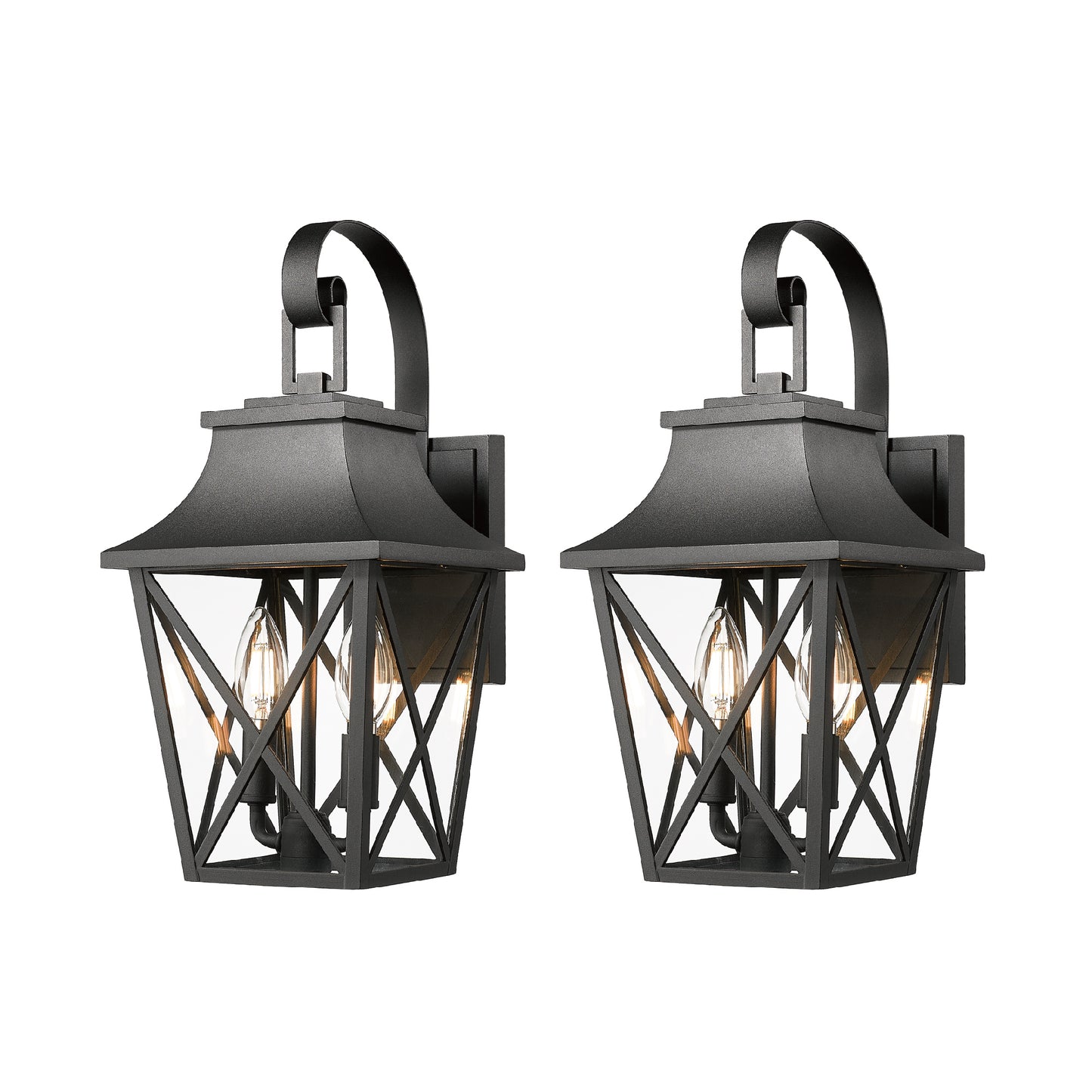 Pair of black traditional outdoor wall lanterns with clear glass panes and exposed Edison bulbs