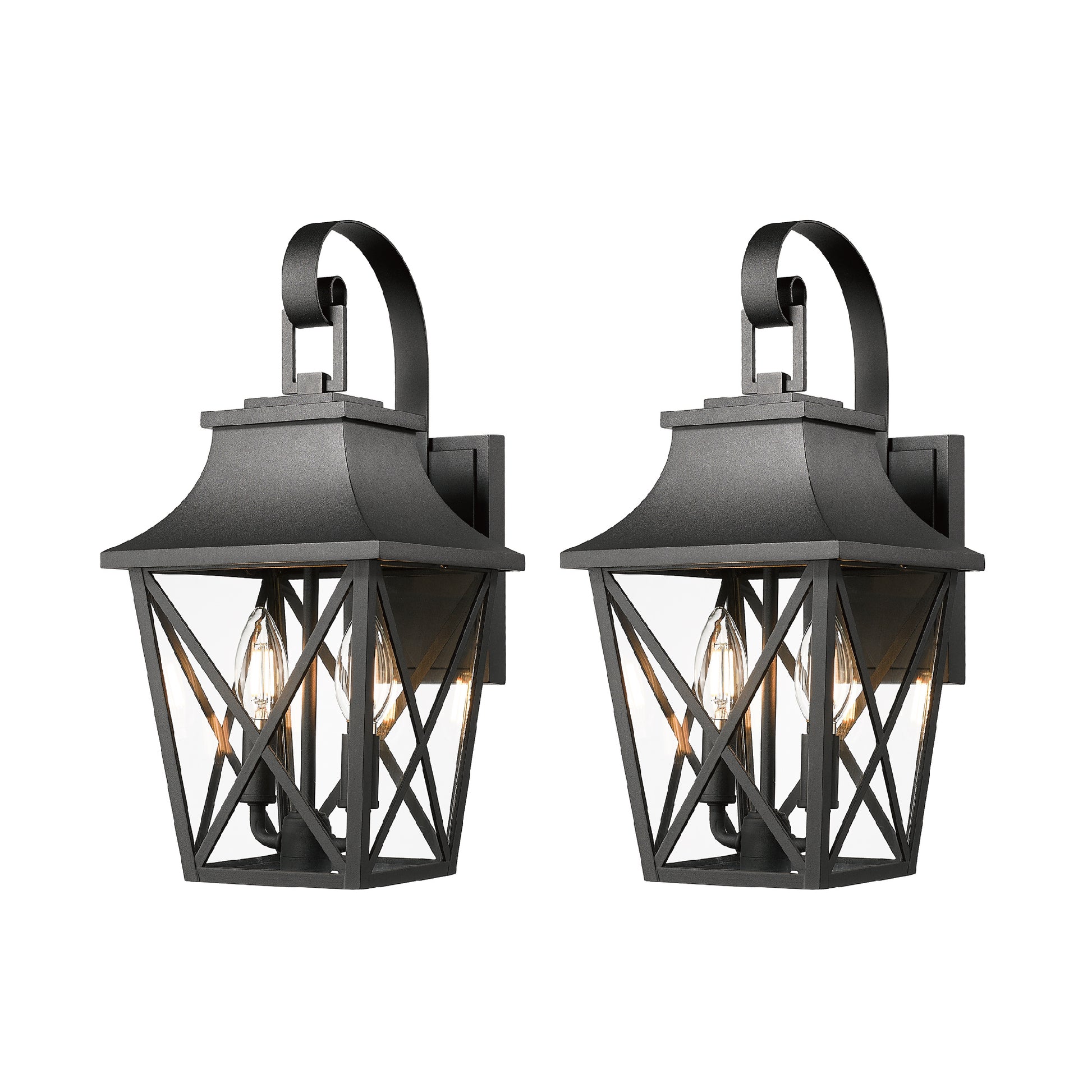 Pair of black traditional outdoor wall lanterns with clear glass panes and exposed Edison bulbs