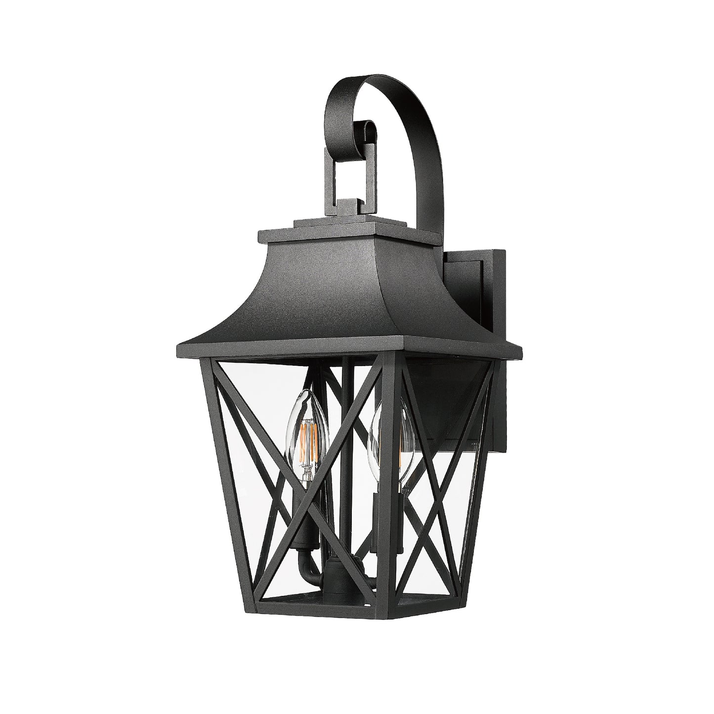 Black metal lanternstyle outdoor wall light with clear Edison bulbs