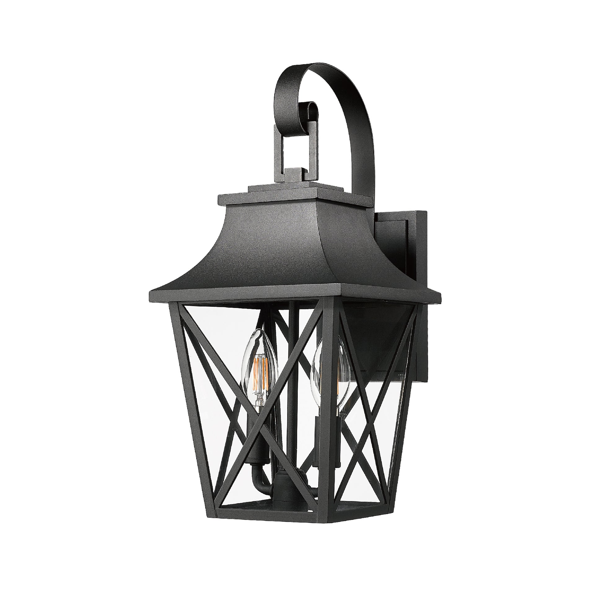 Black metal lanternstyle outdoor wall light with clear Edison bulbs