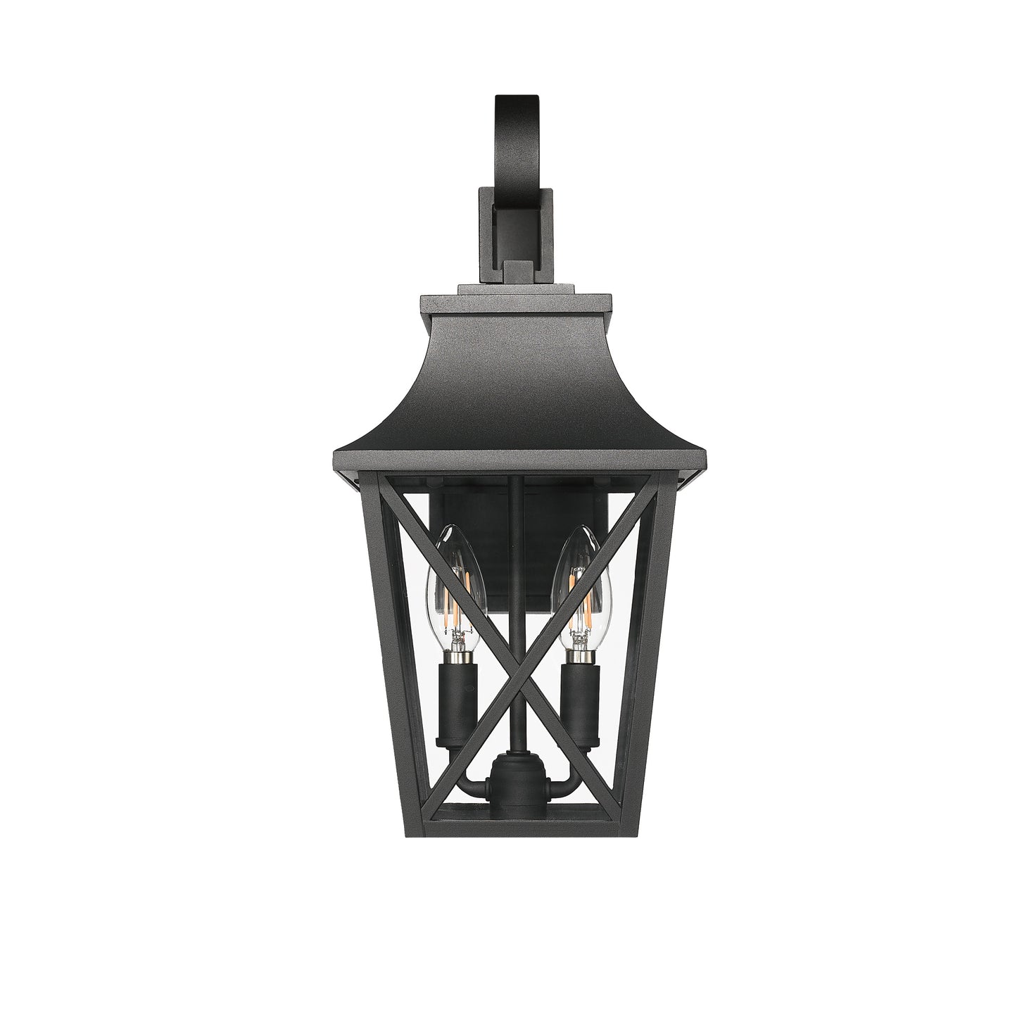 Black metal outdoor wall lantern with two exposed bulbs
