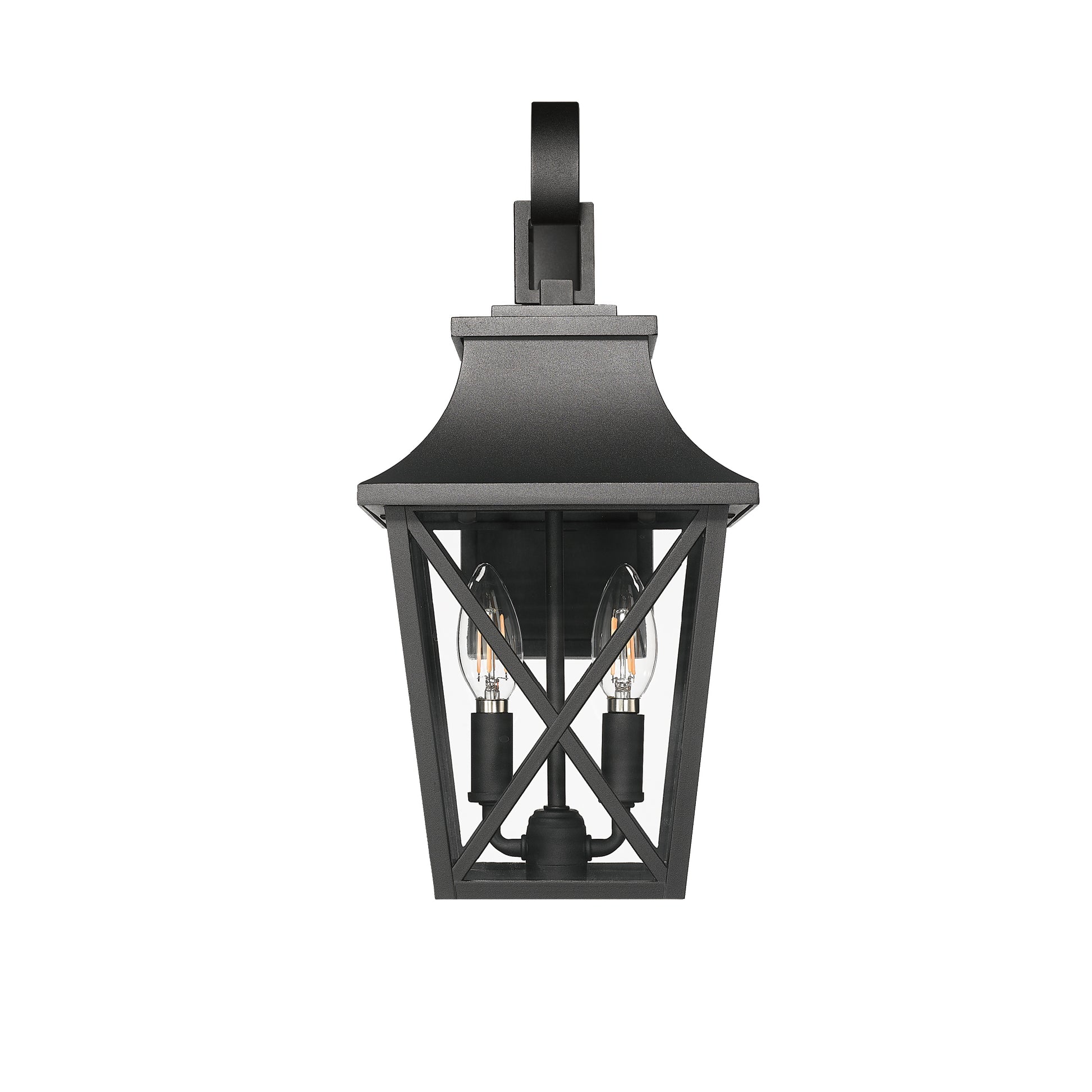 Black metal outdoor wall lantern with two exposed bulbs