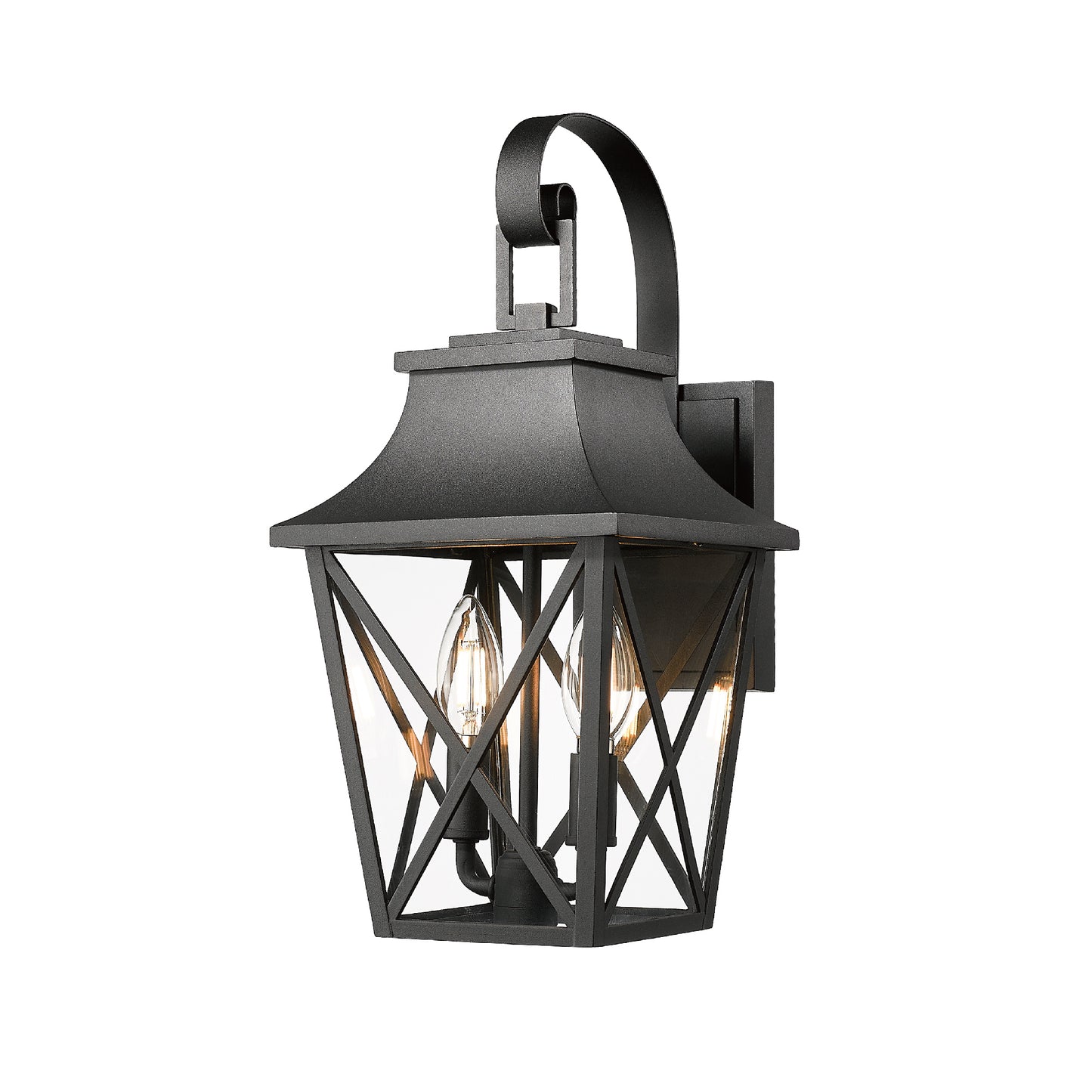 Black traditional lantern sconce with clear glass panels and ornate hardware