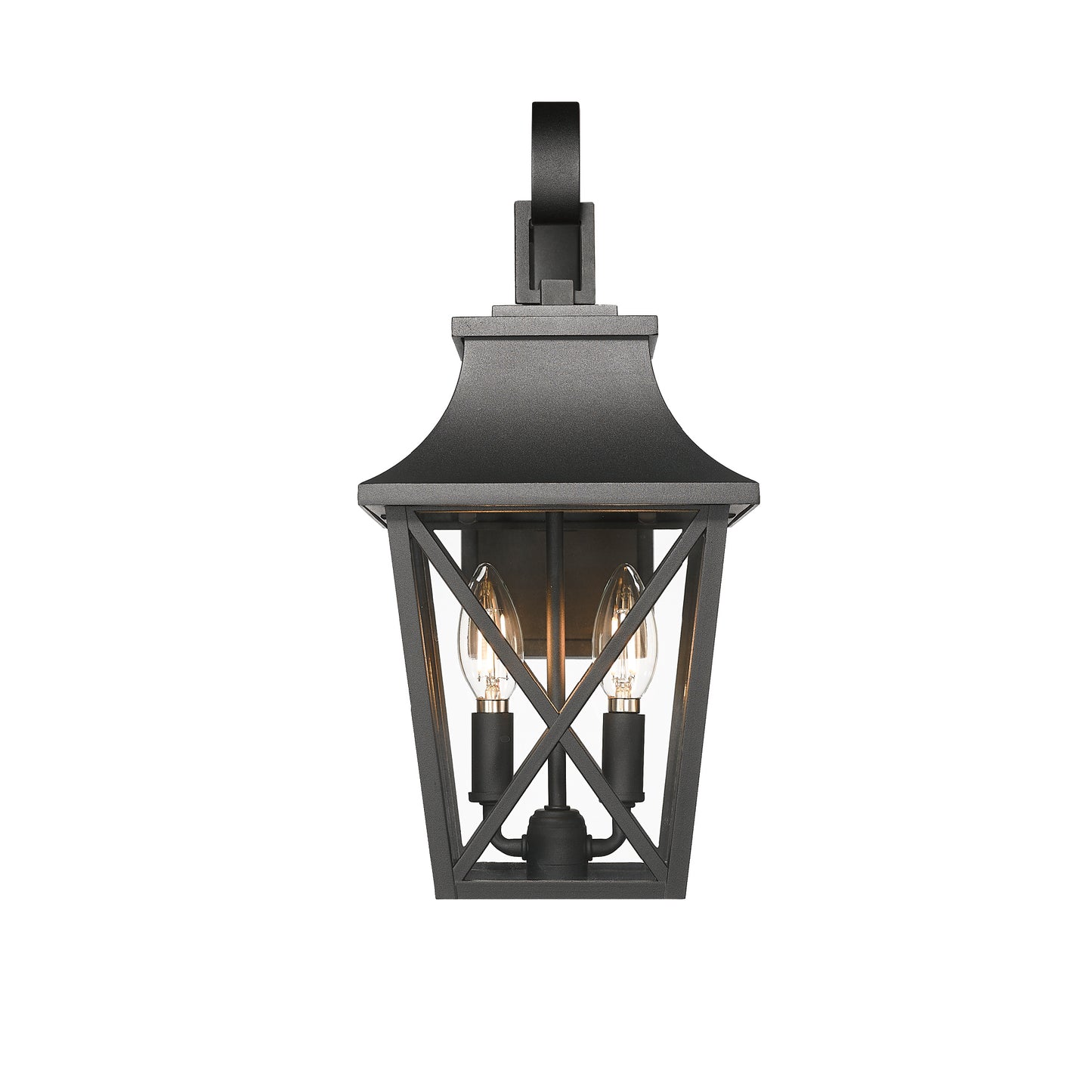 Black metal outdoor wall lantern with two exposed bulbs