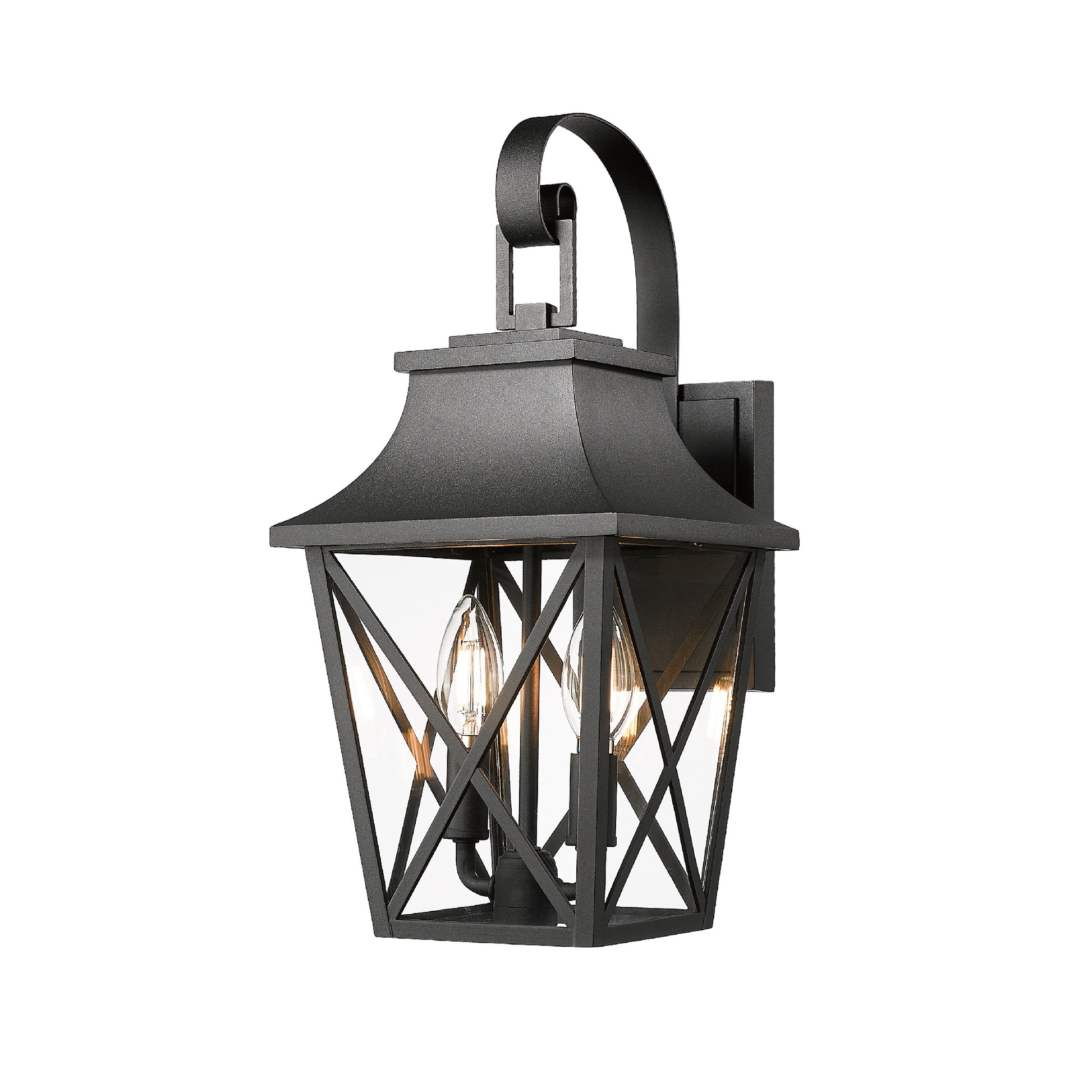 Black metal outdoor wall lantern with clear glass panels and two Edison bulbs