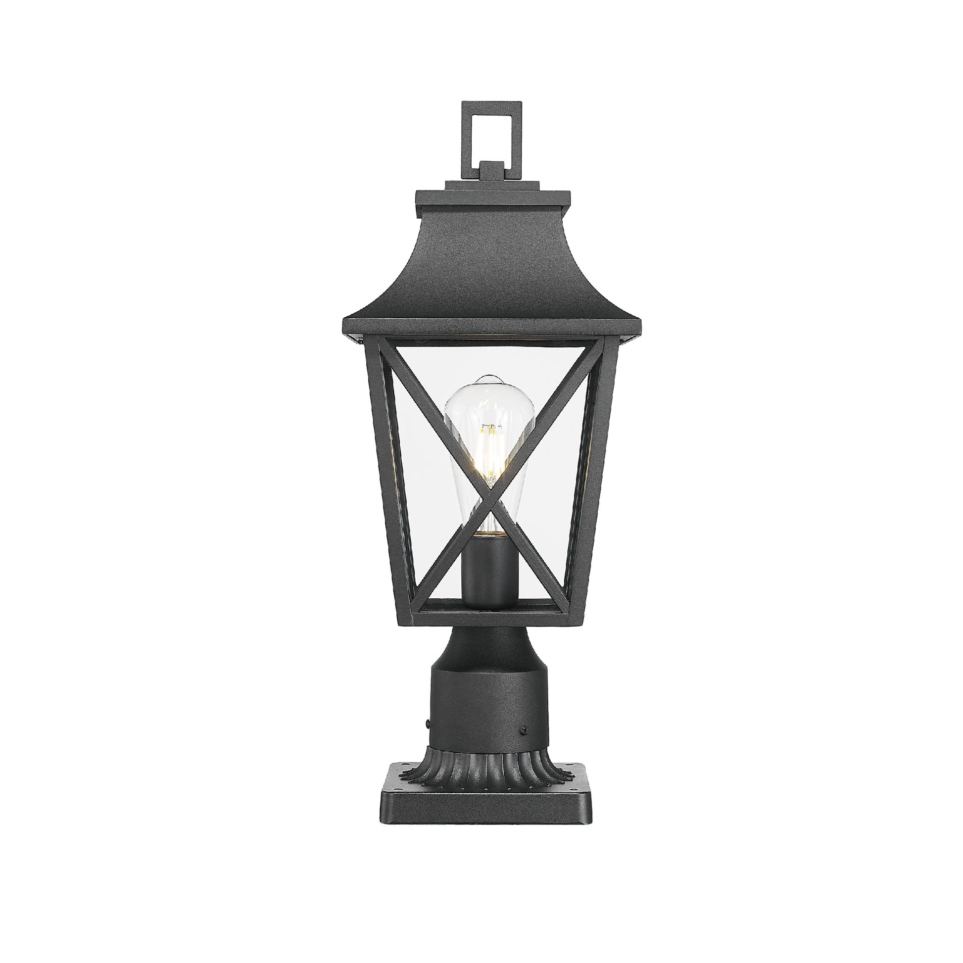 Black metal post lantern with glass panels and ornate base
