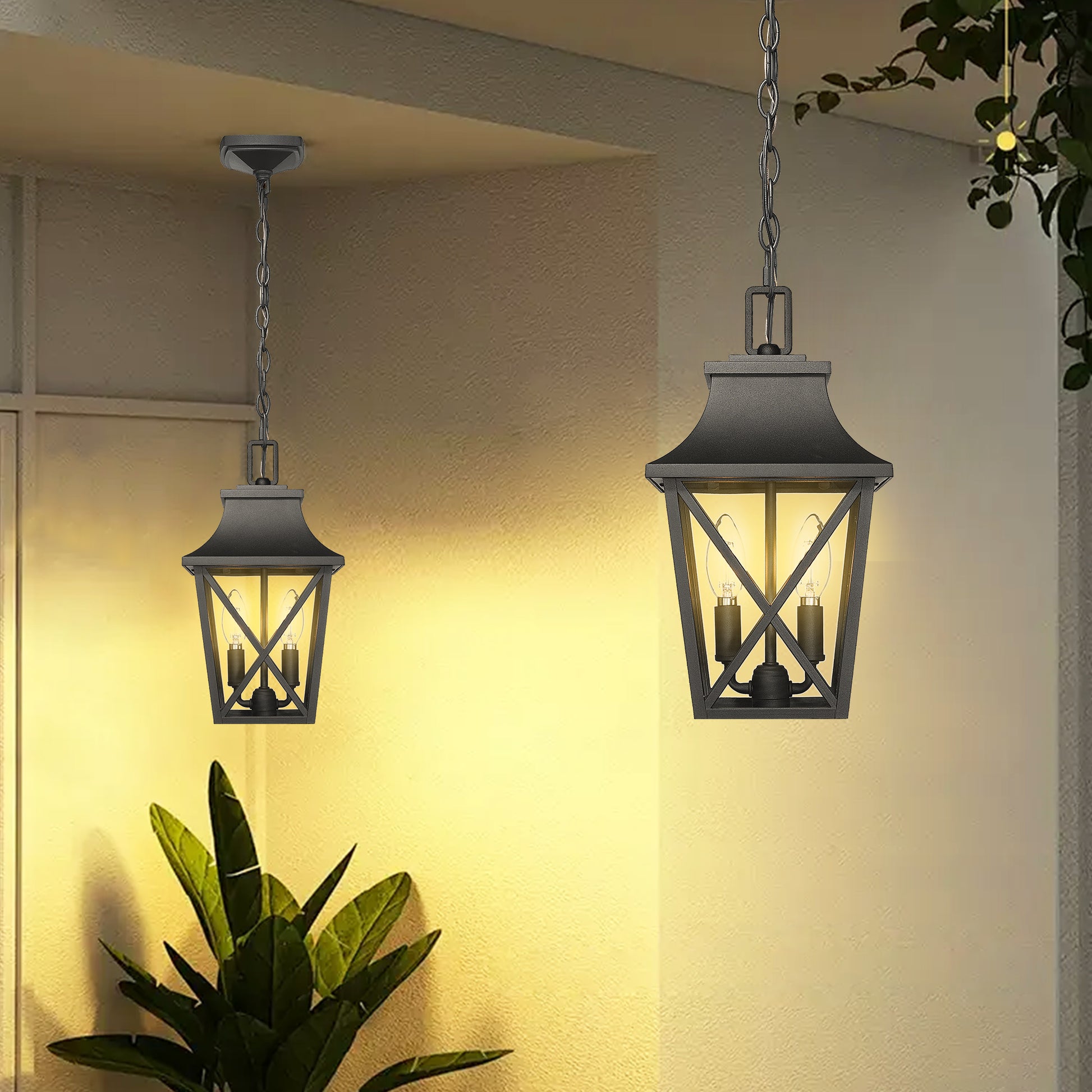 Black metal outdoor hanging lantern with two bulbs and chain