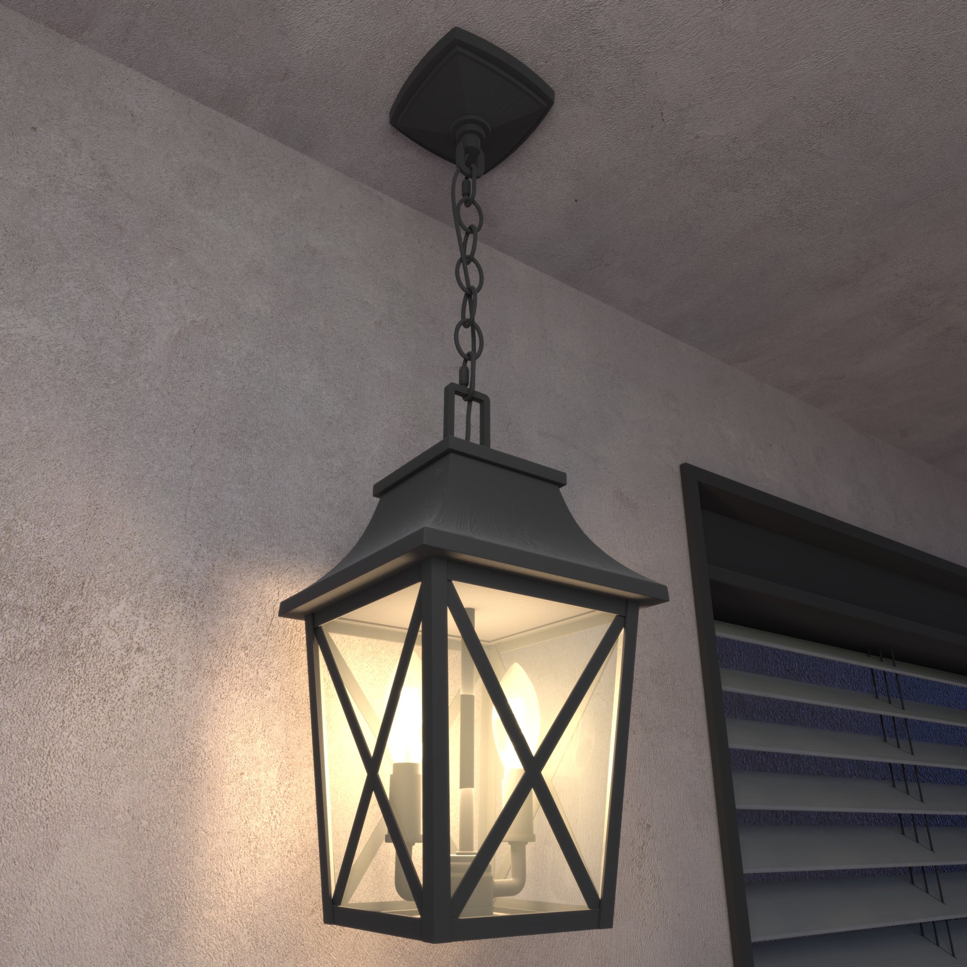 Black metal hanging lantern with glass panes and three bulbs