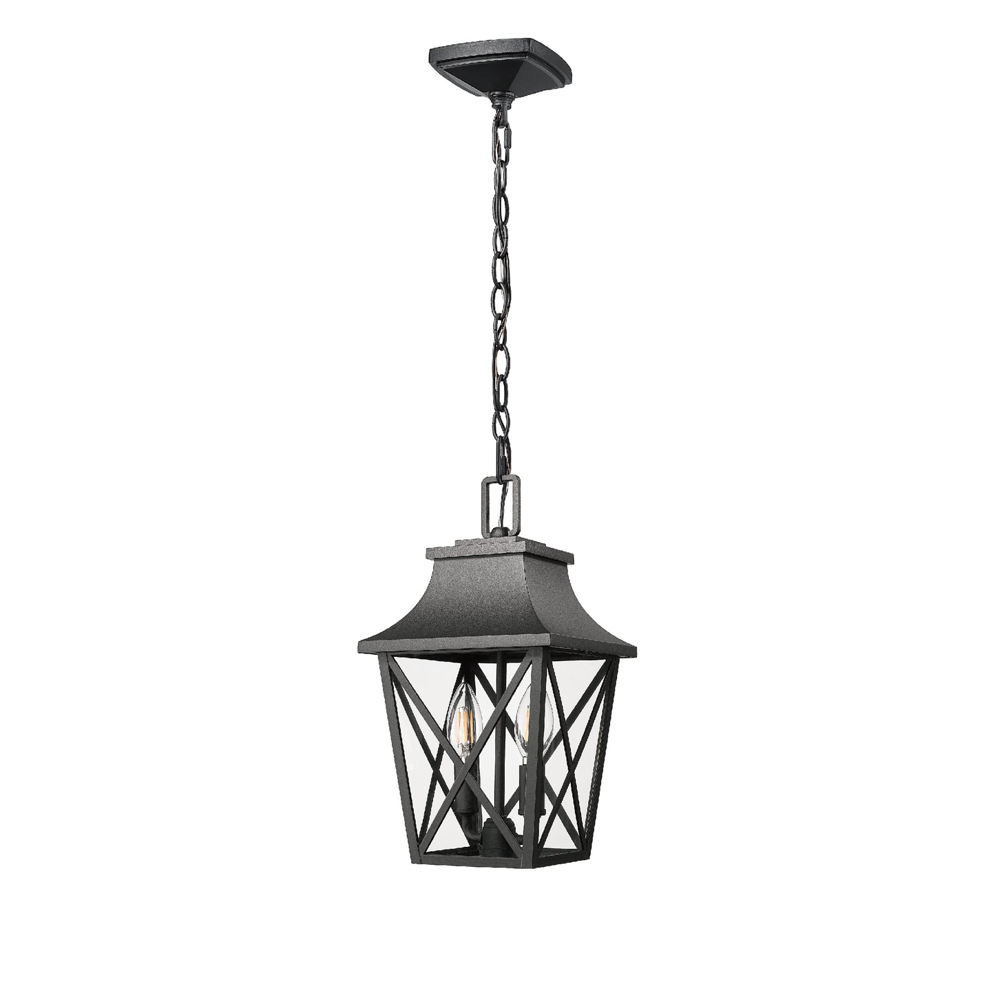 Black metal outdoor hanging lantern with diamondshaped glass panes and two candelabra bulbs