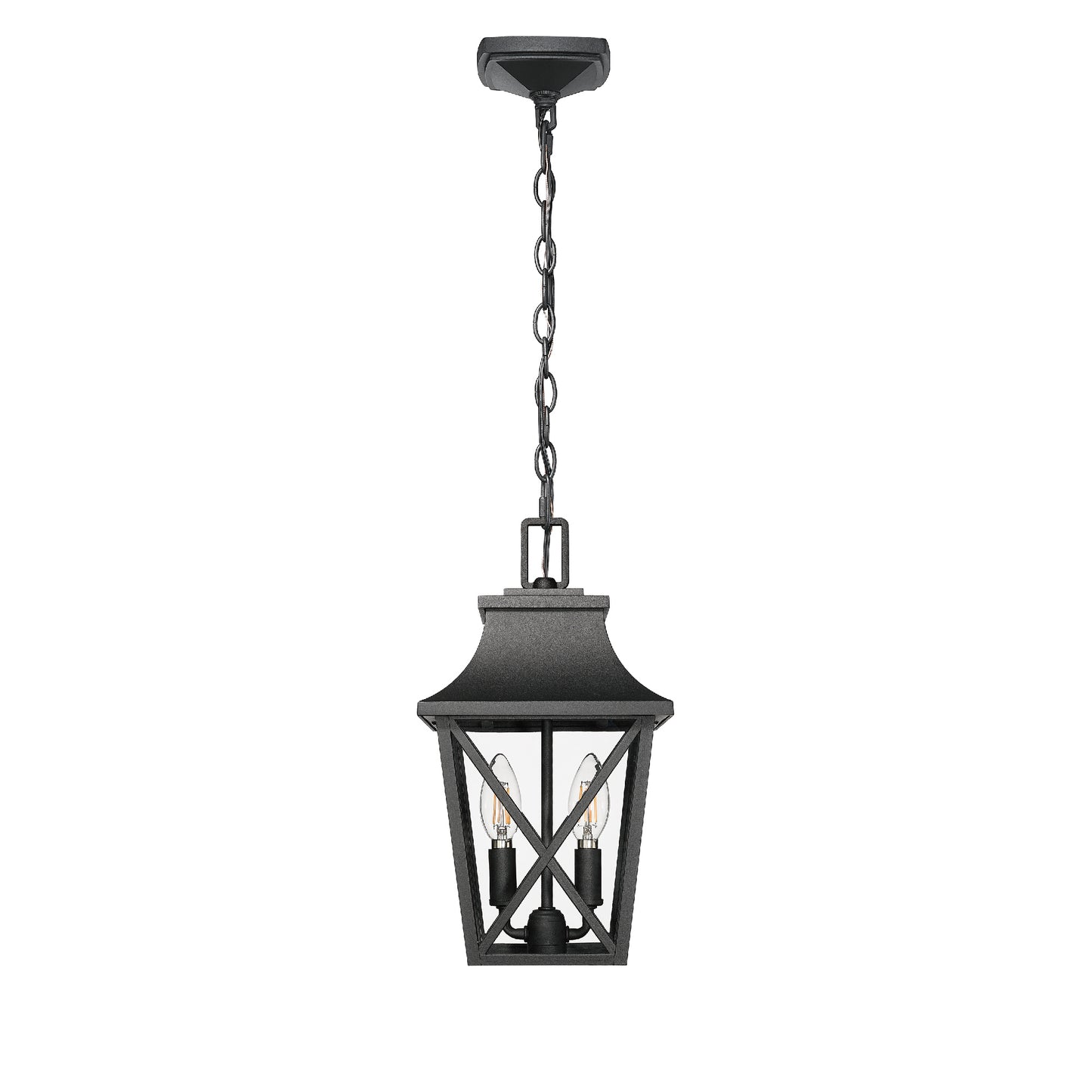 Black metal outdoor hanging lantern with two Edison bulbs