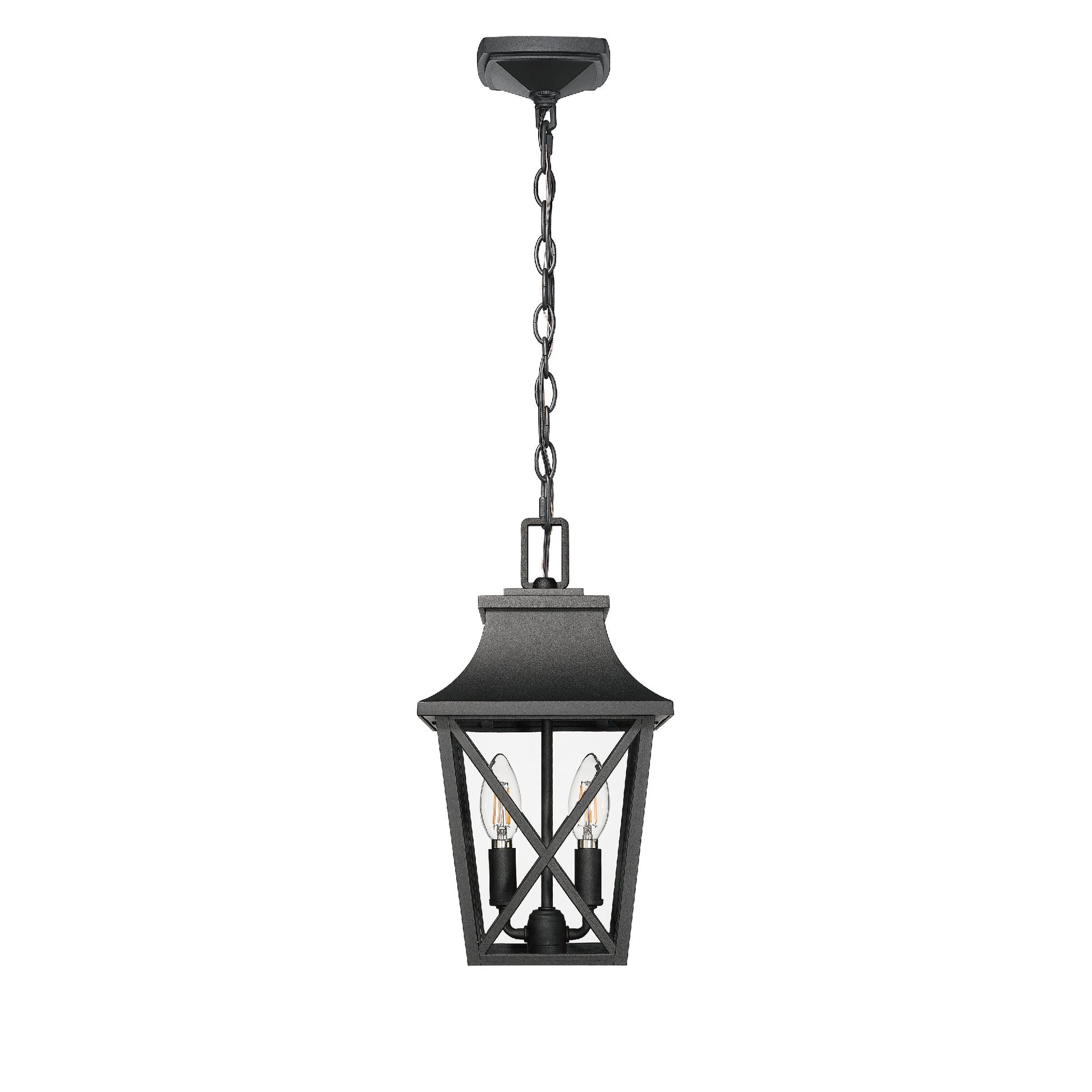Black metal outdoor hanging lantern with two Edison bulbs