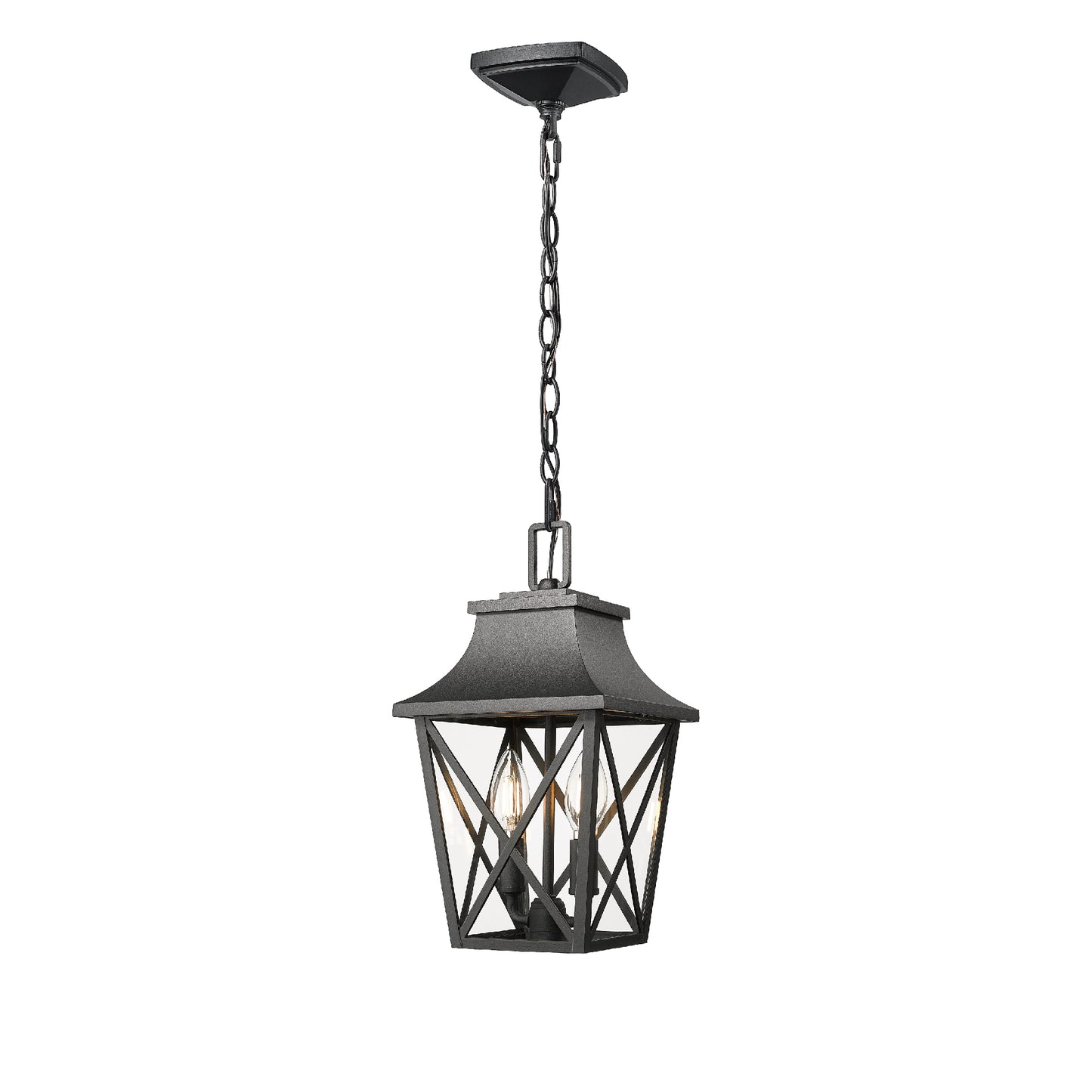Black metal outdoor lantern pendant with chain