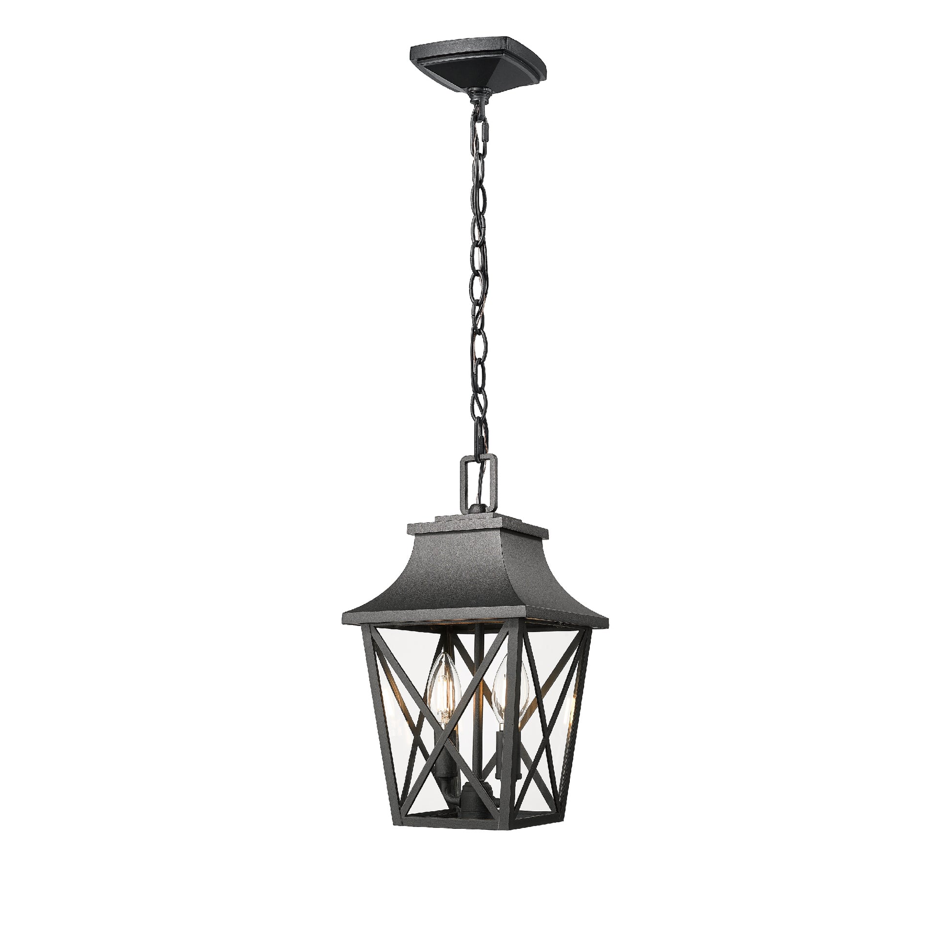 Black metal outdoor lantern pendant with chain