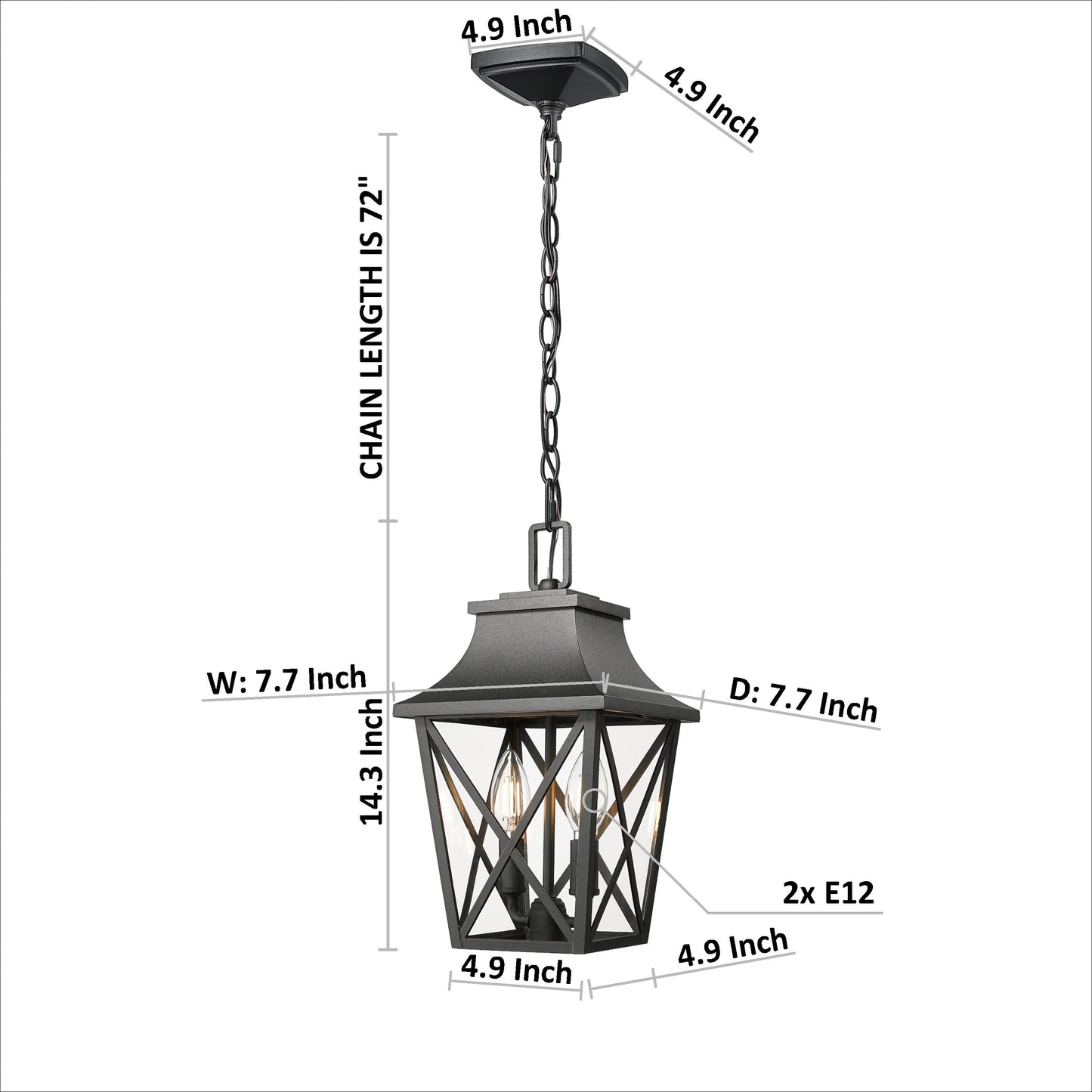 Black metal hanging lantern with clear glass panes and Xshaped detailing