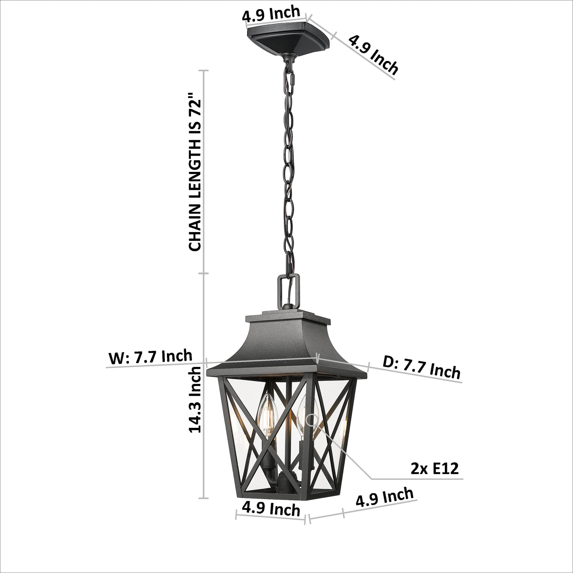 Black metal hanging lantern with clear glass panes and Xshaped detailing