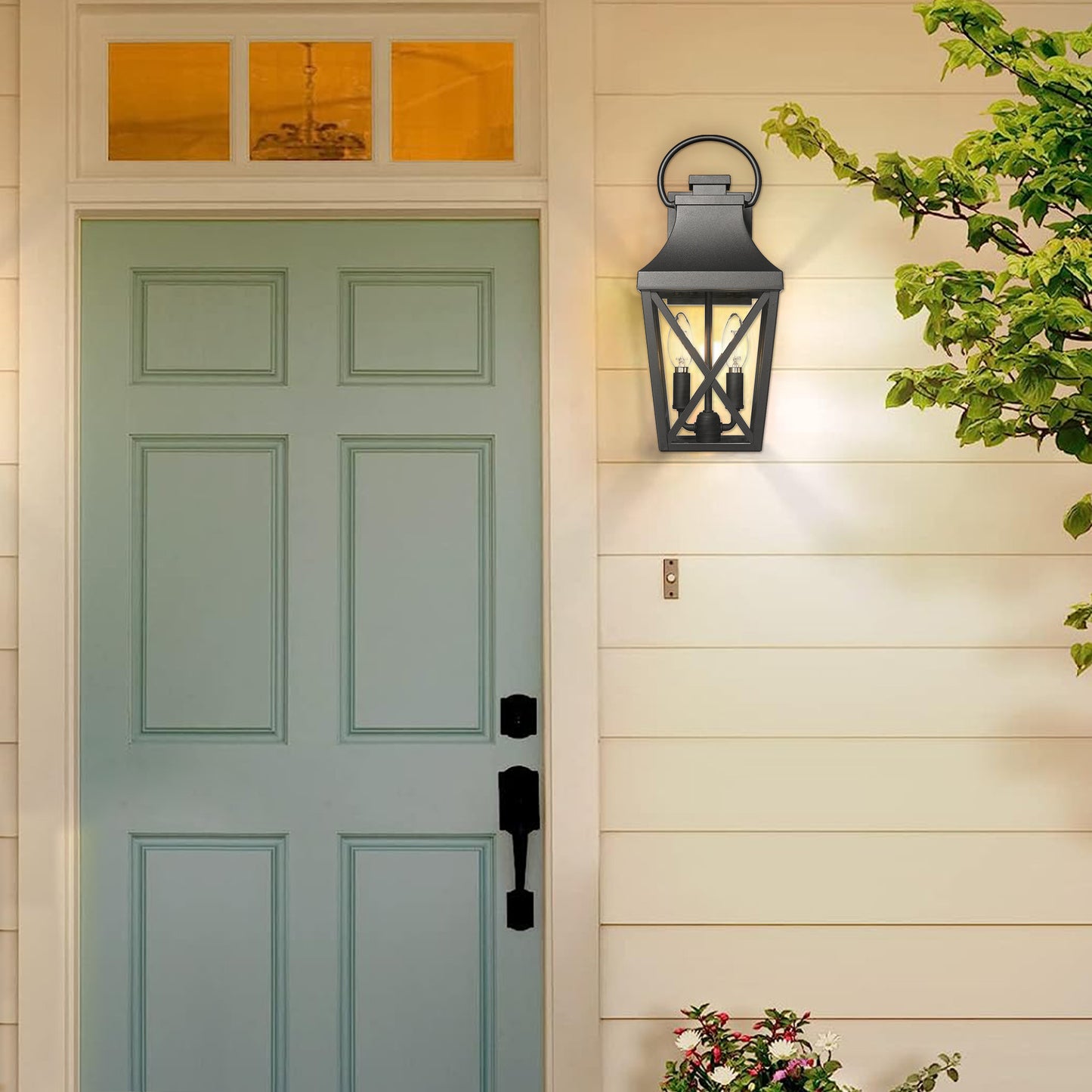 Black traditional lantern porch light with two bulbs