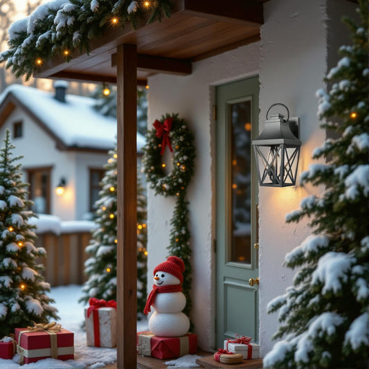 Elegant black outdoor lantern with geometric glass panes and clear bulbs