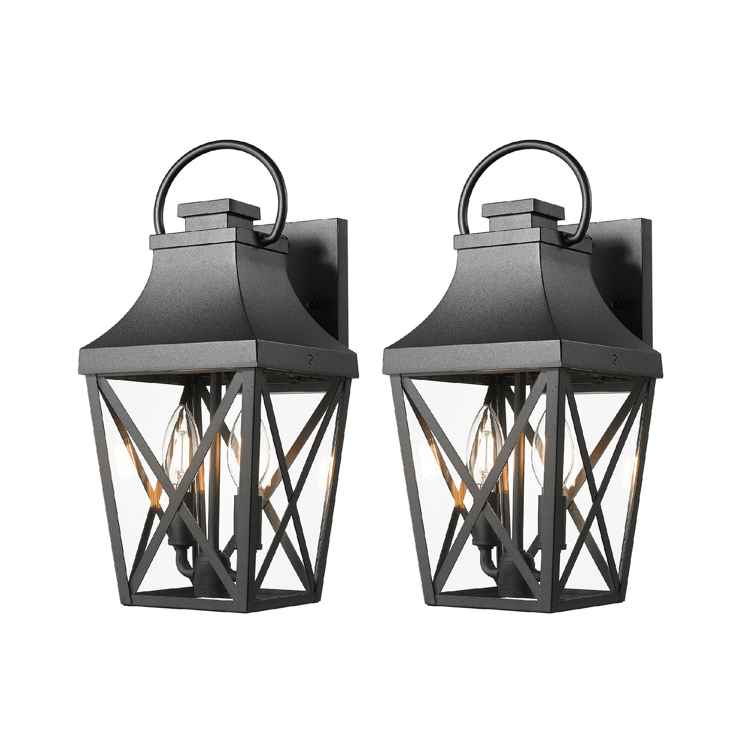 Pair of black carriage wall lanterns with clear glass panels and exposed bulbs