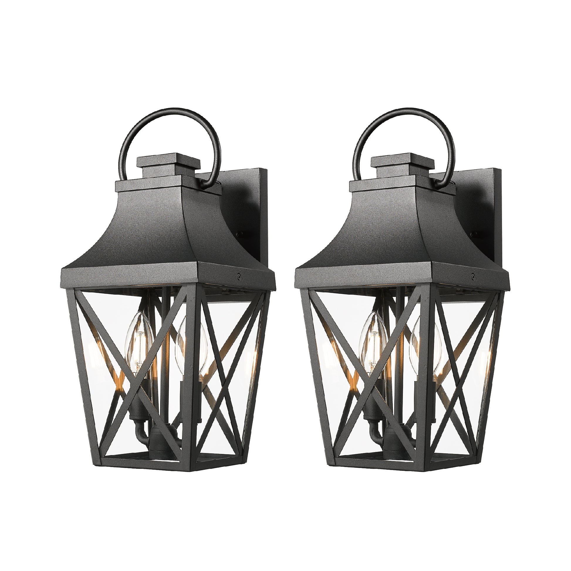Pair of black carriage wall lanterns with clear glass panels and exposed bulbs