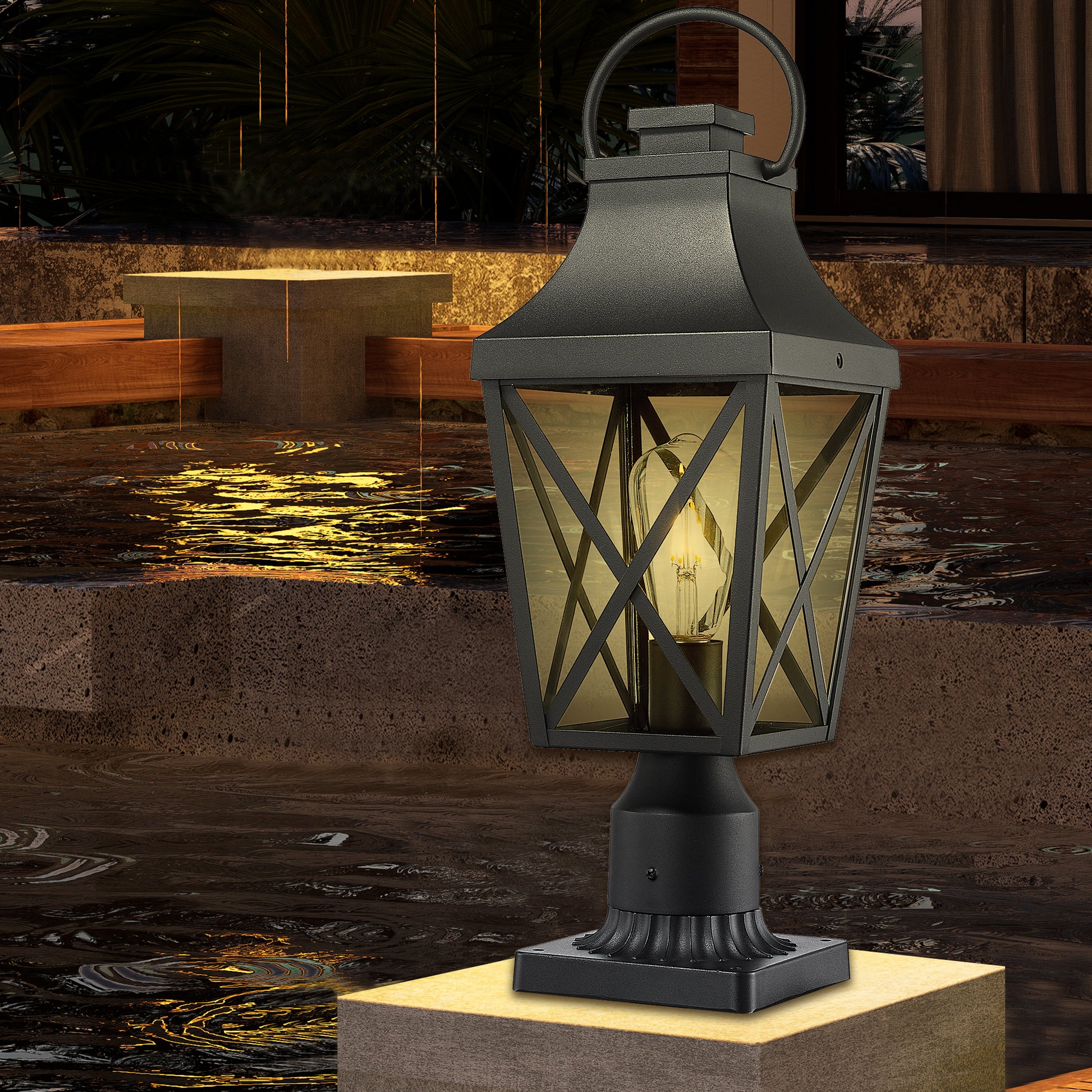 Black traditional lantern post light with clear Edison bulb and Xframe glass panels