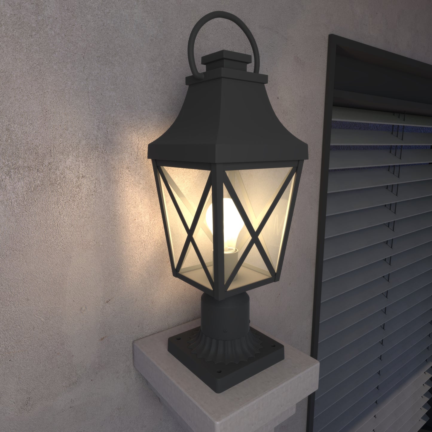 Black metal outdoor post lantern with clear glass panels and a classic design