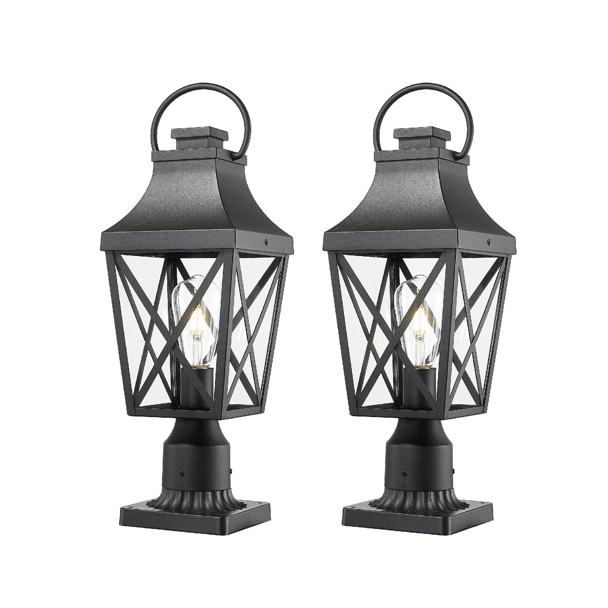 Two black outdoor post lights with clear glass panes and ornate detailing