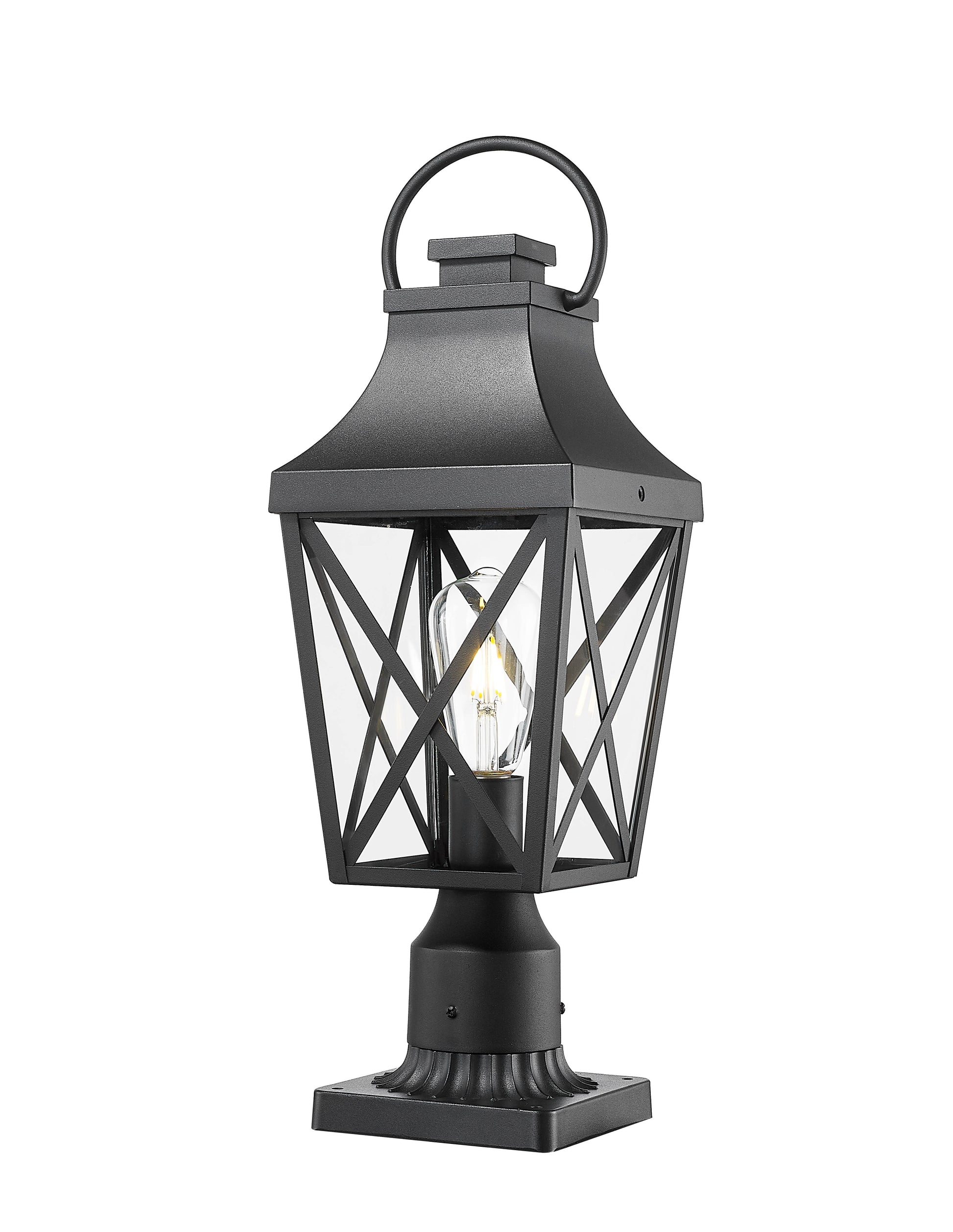 Black metal post lantern with a decorative crisscross glass design ideal for outdoor pathways