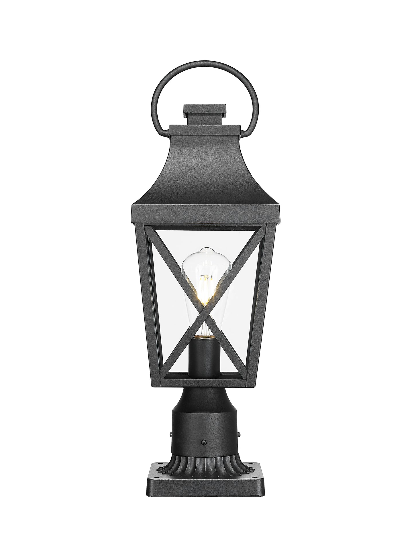 Black traditional outdoor post light with clear Edison bulb and crosshatch detailing