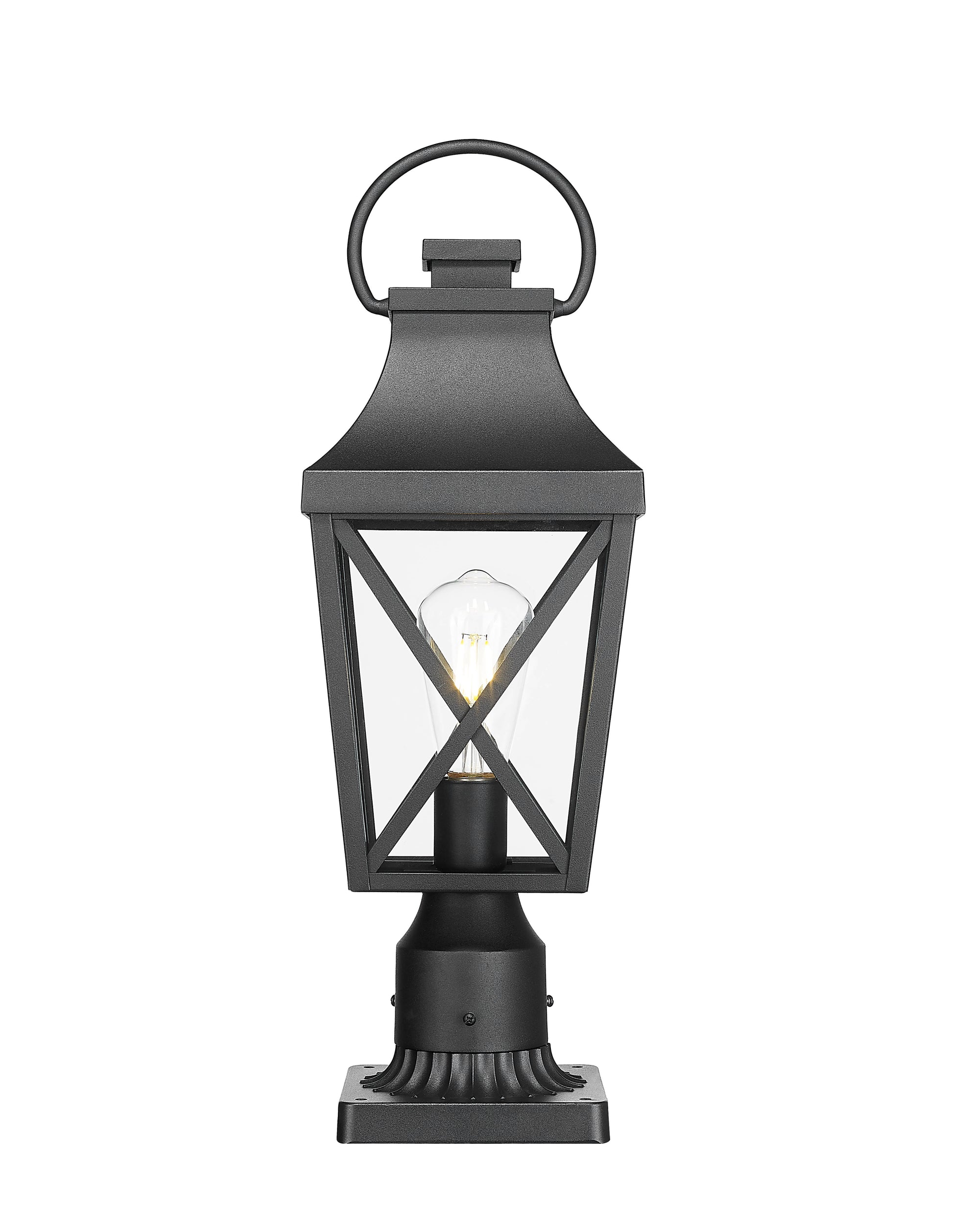 Black traditional outdoor post light with clear Edison bulb and crosshatch detailing