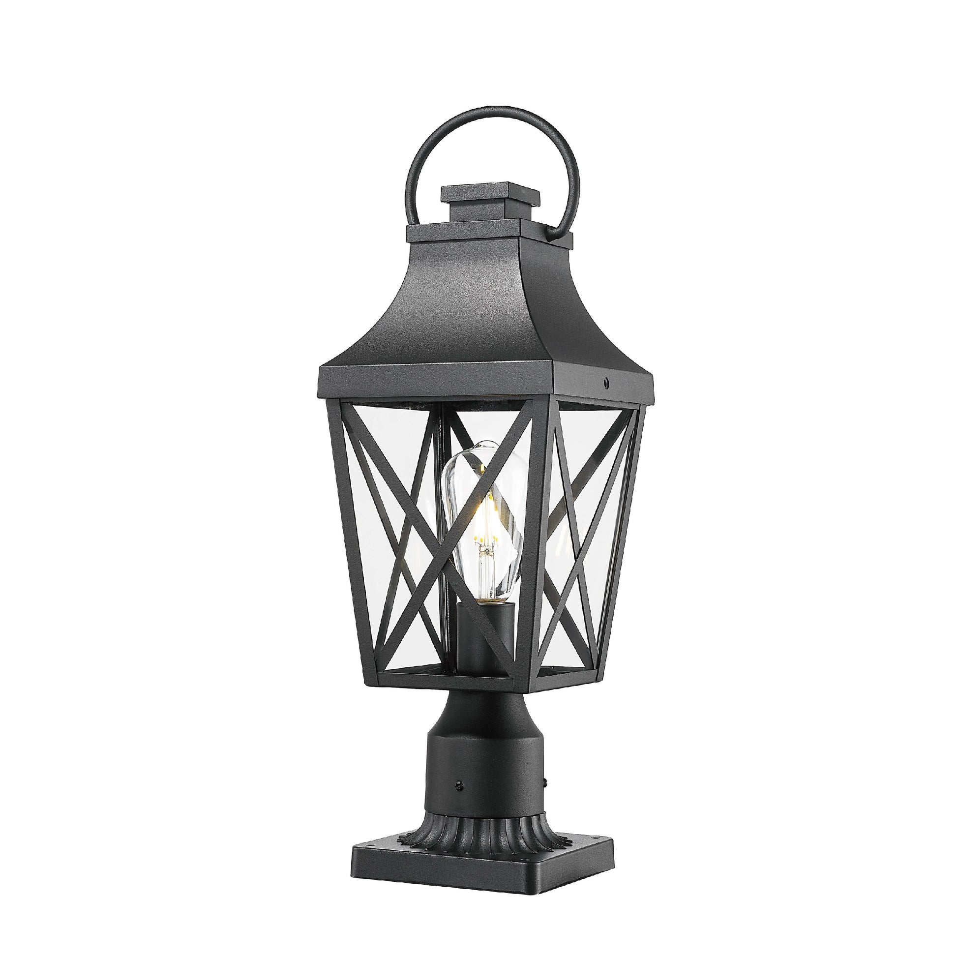 Black metal traditional post light with clear glass panes and exposed bulb