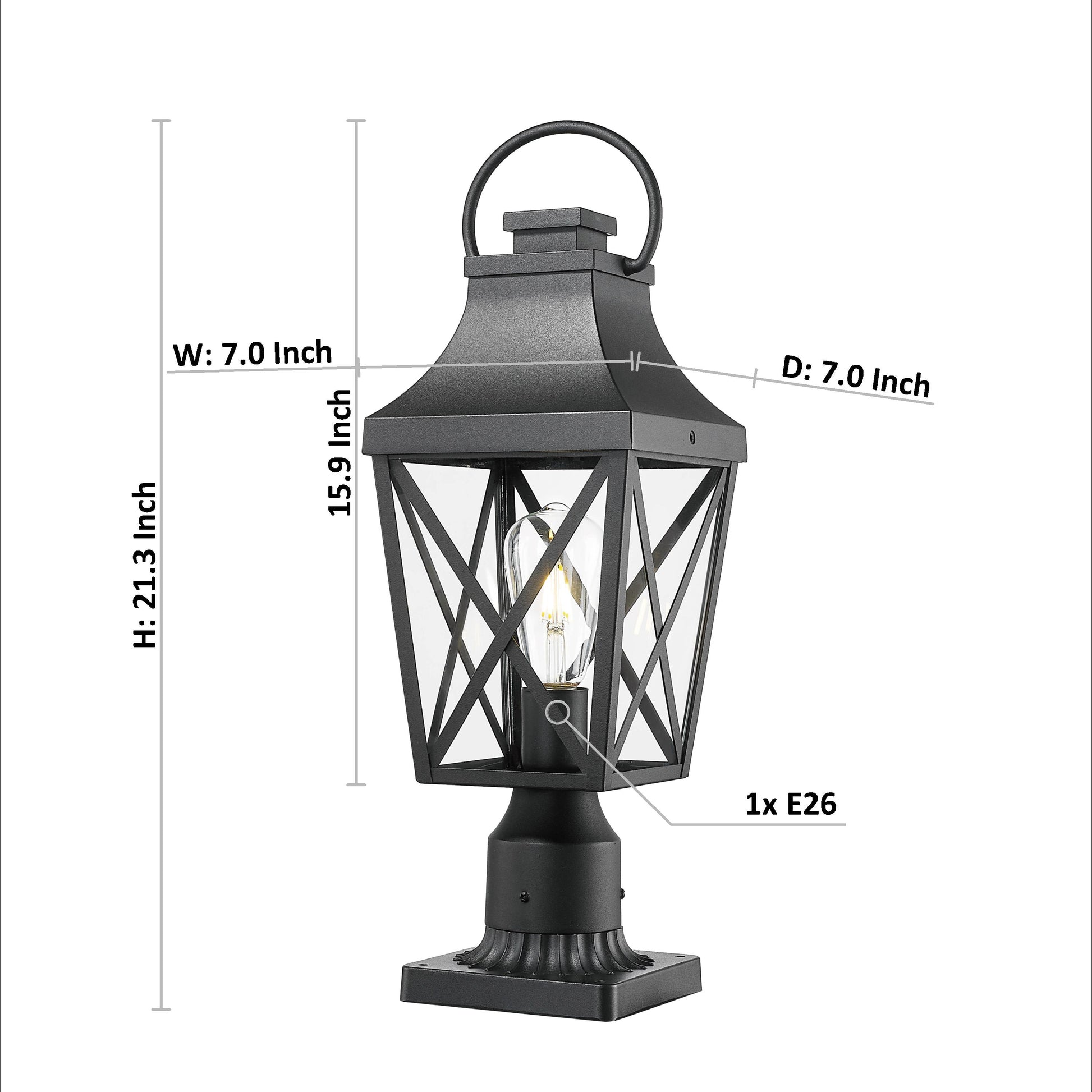 Black metal post lantern with clear diamondpatterned glass panels ideal for pathway lighting