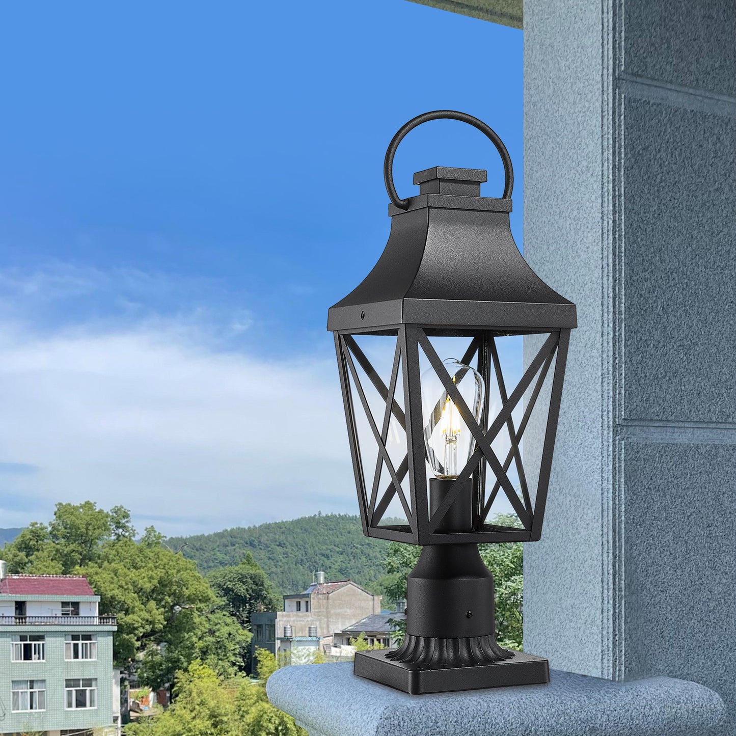 Black metal outdoor post light with intricate geometric pane design