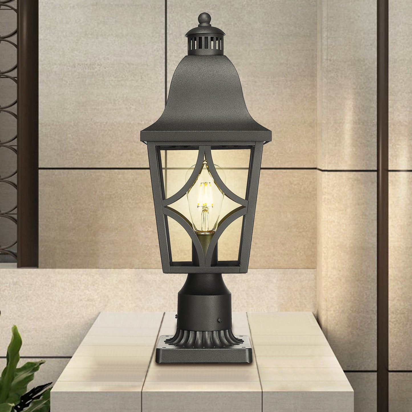 Black traditional post lantern with clear glass