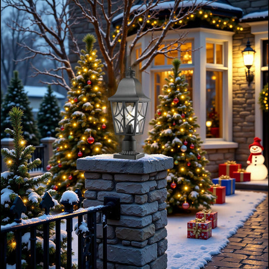 Black metal lantern with ornate glass panels