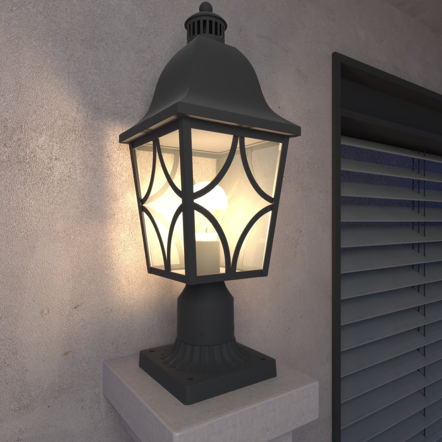 Black outdoor post lantern with clear glass panels and decorative scrollwork