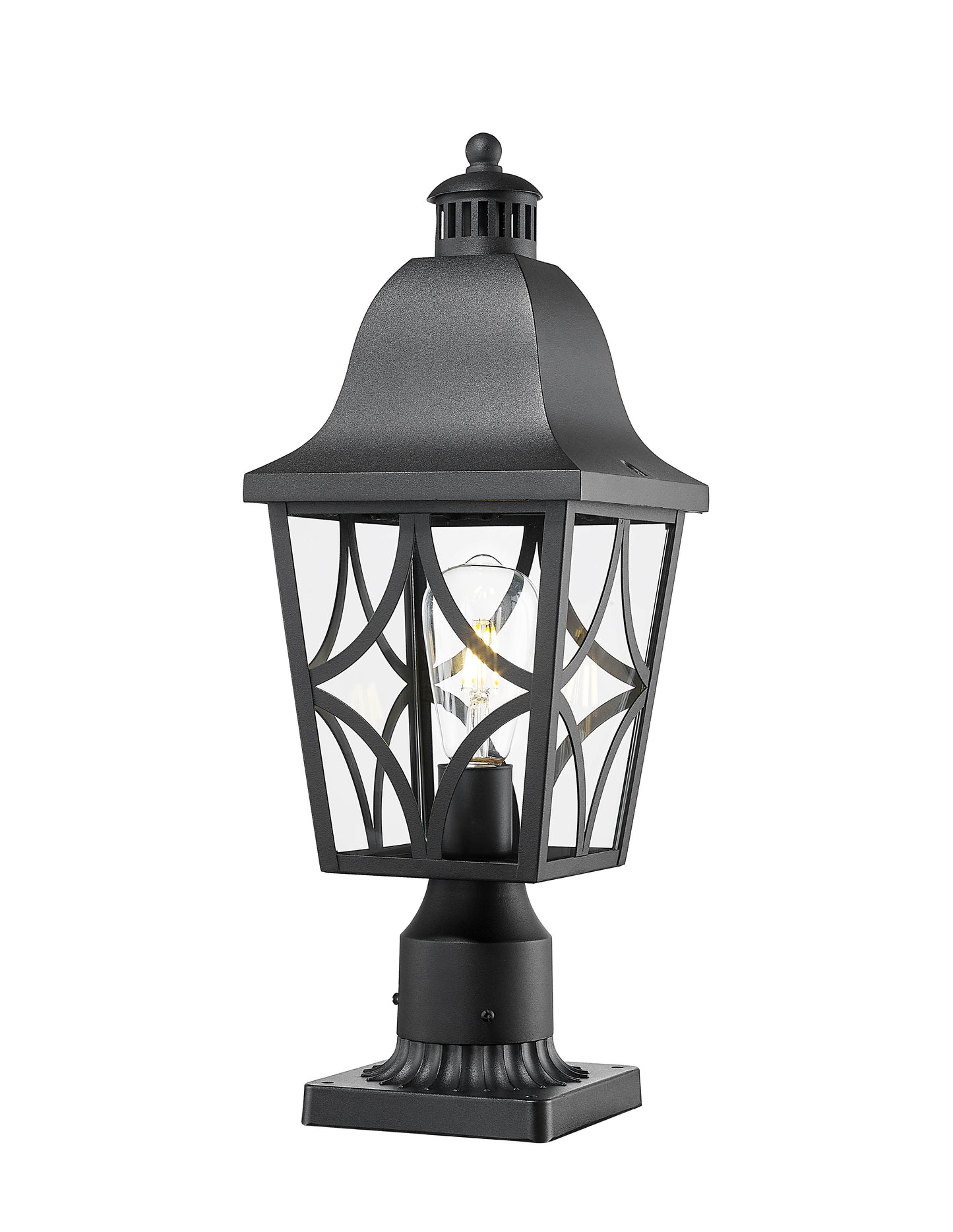 Black metal post lantern with decorative scrollwork and clear seeded glass