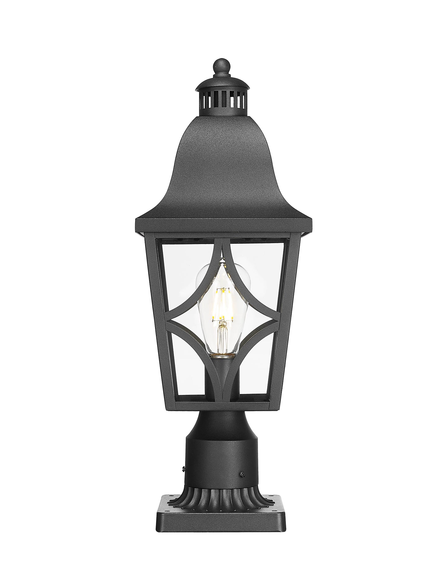 Black metal post lantern with clear glass panels and ornate detailing