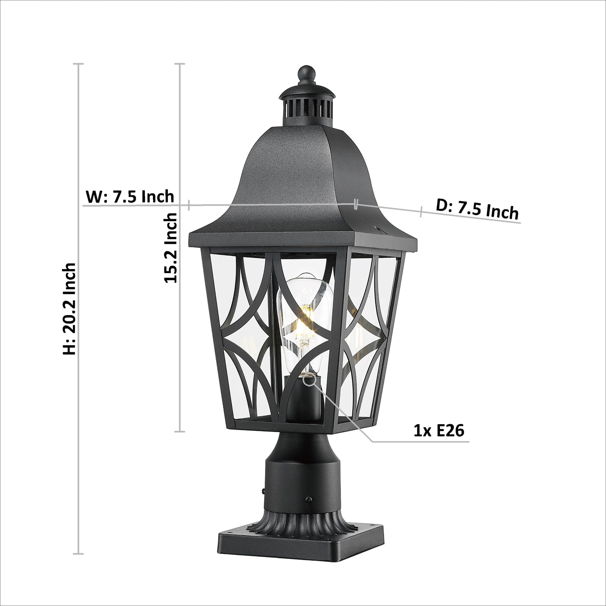 Black metal post lantern with decorative glass panes and filigree design  H