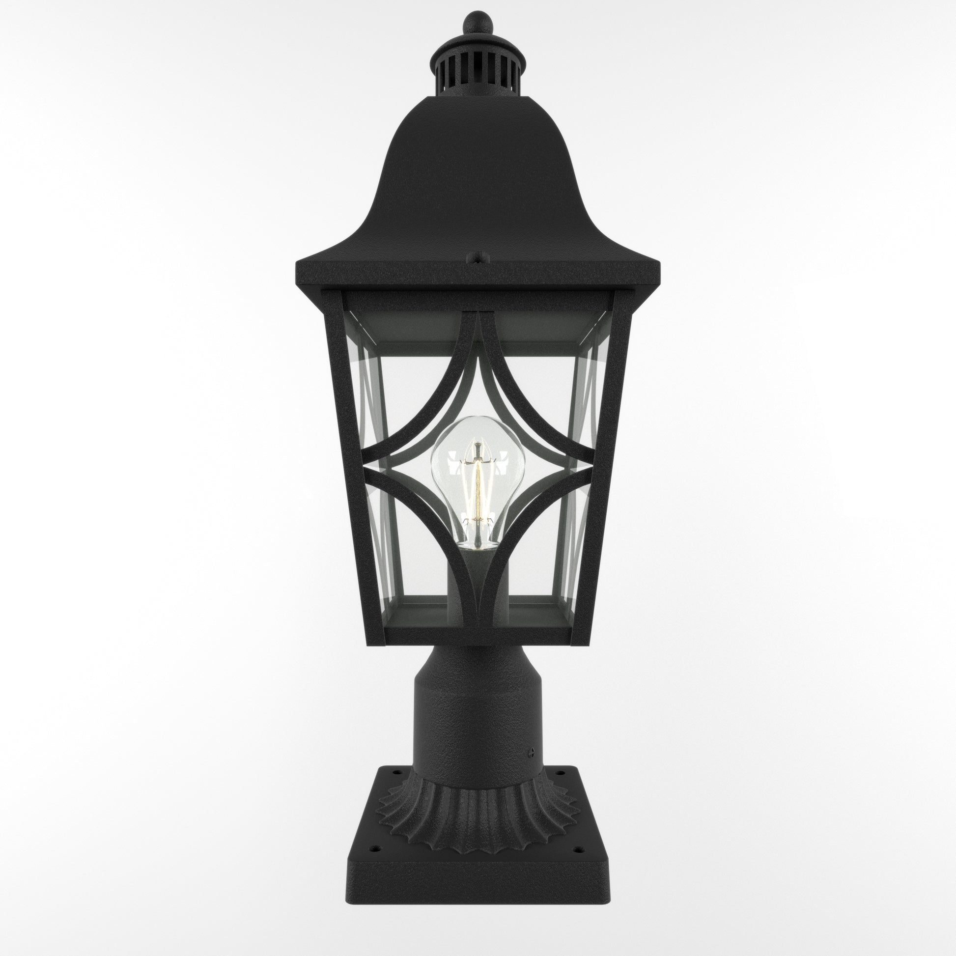 Black traditional post lantern with clear glass panels and decorative metalwork