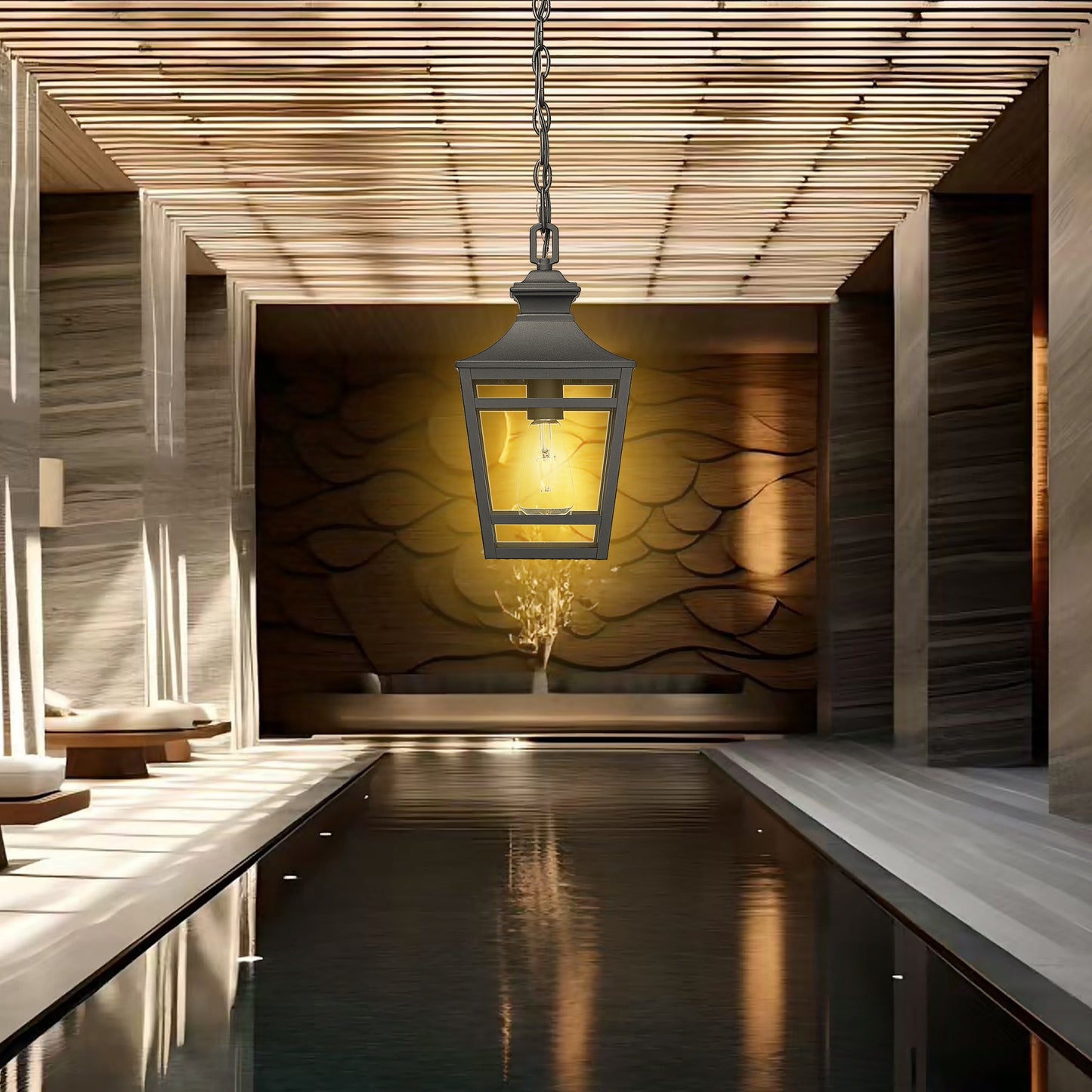 Black metal lantern pendant light with clear glass panels