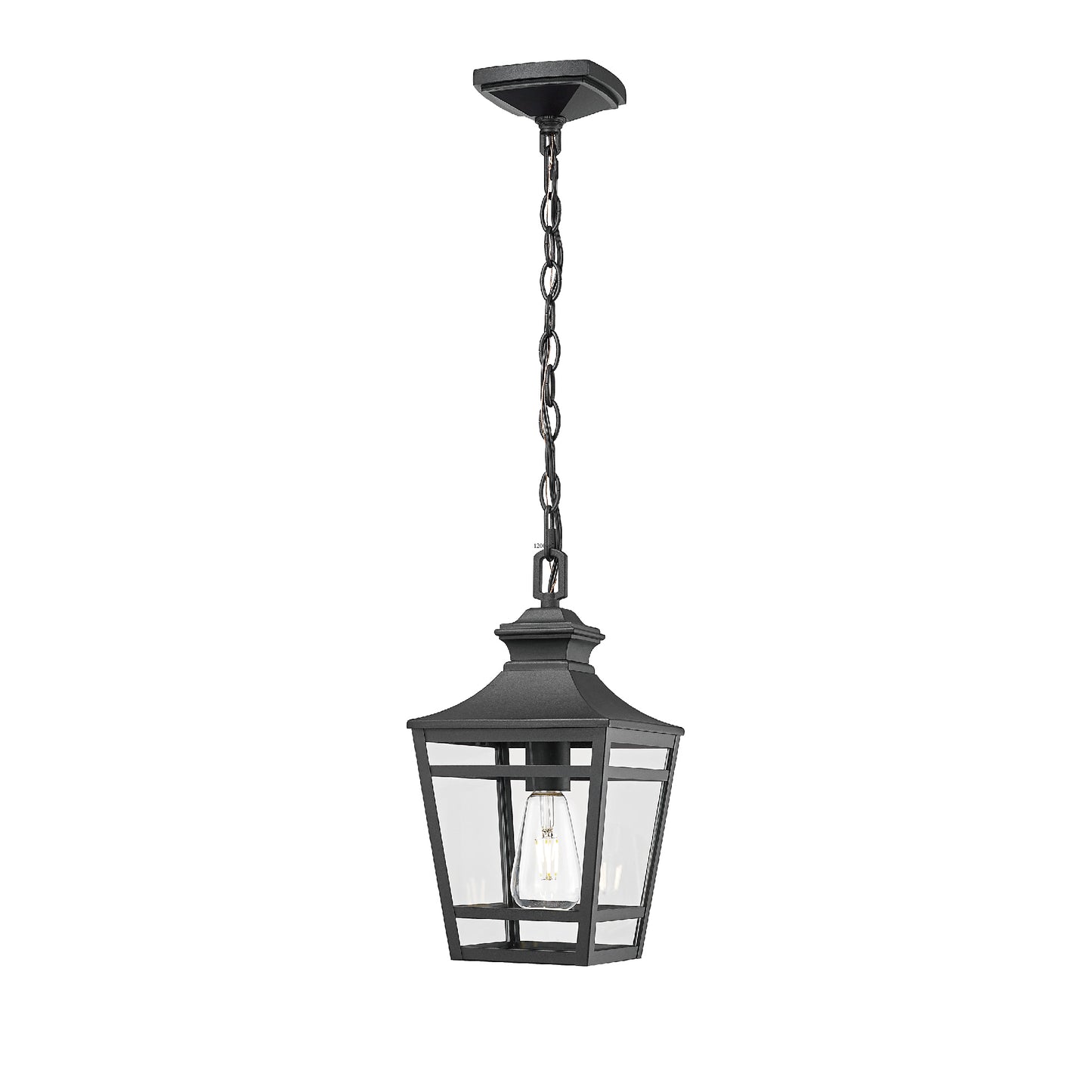 Black wrought iron outdoor pendant light with clear glass panes