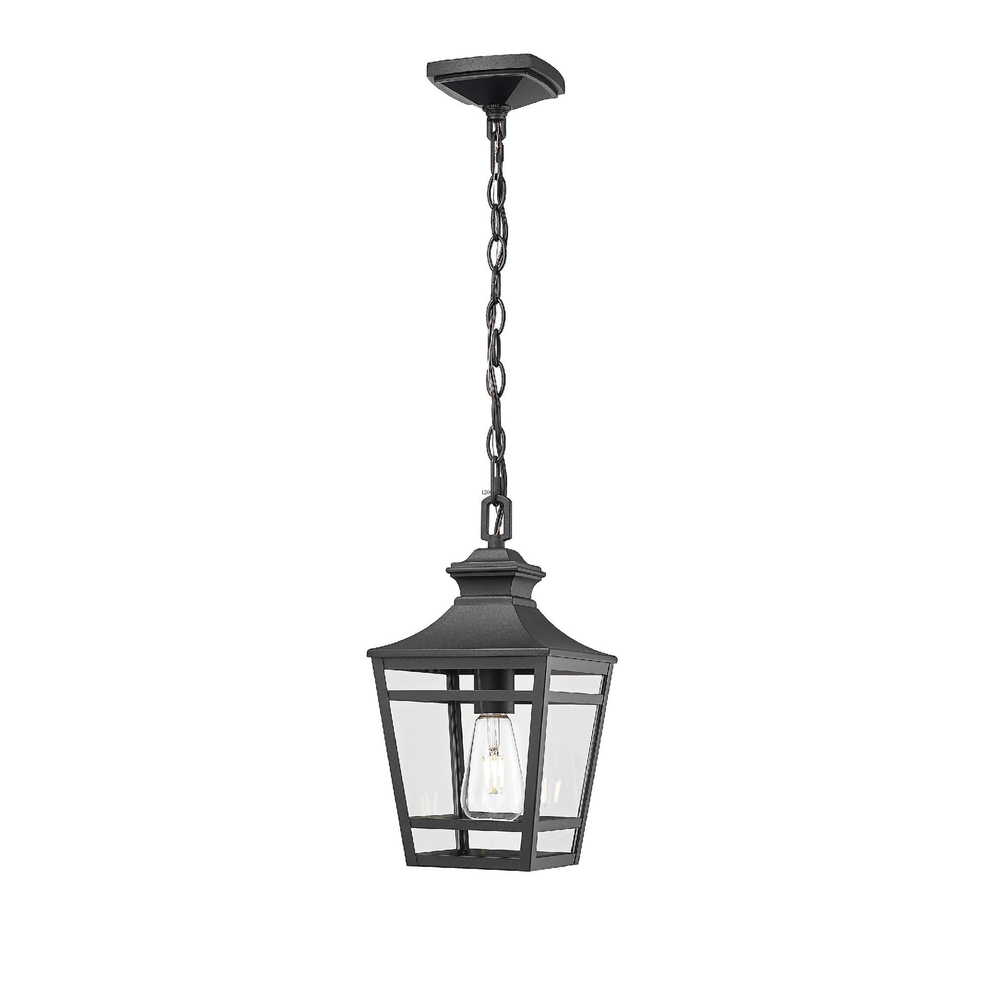 Black wrought iron outdoor pendant light with clear glass panes