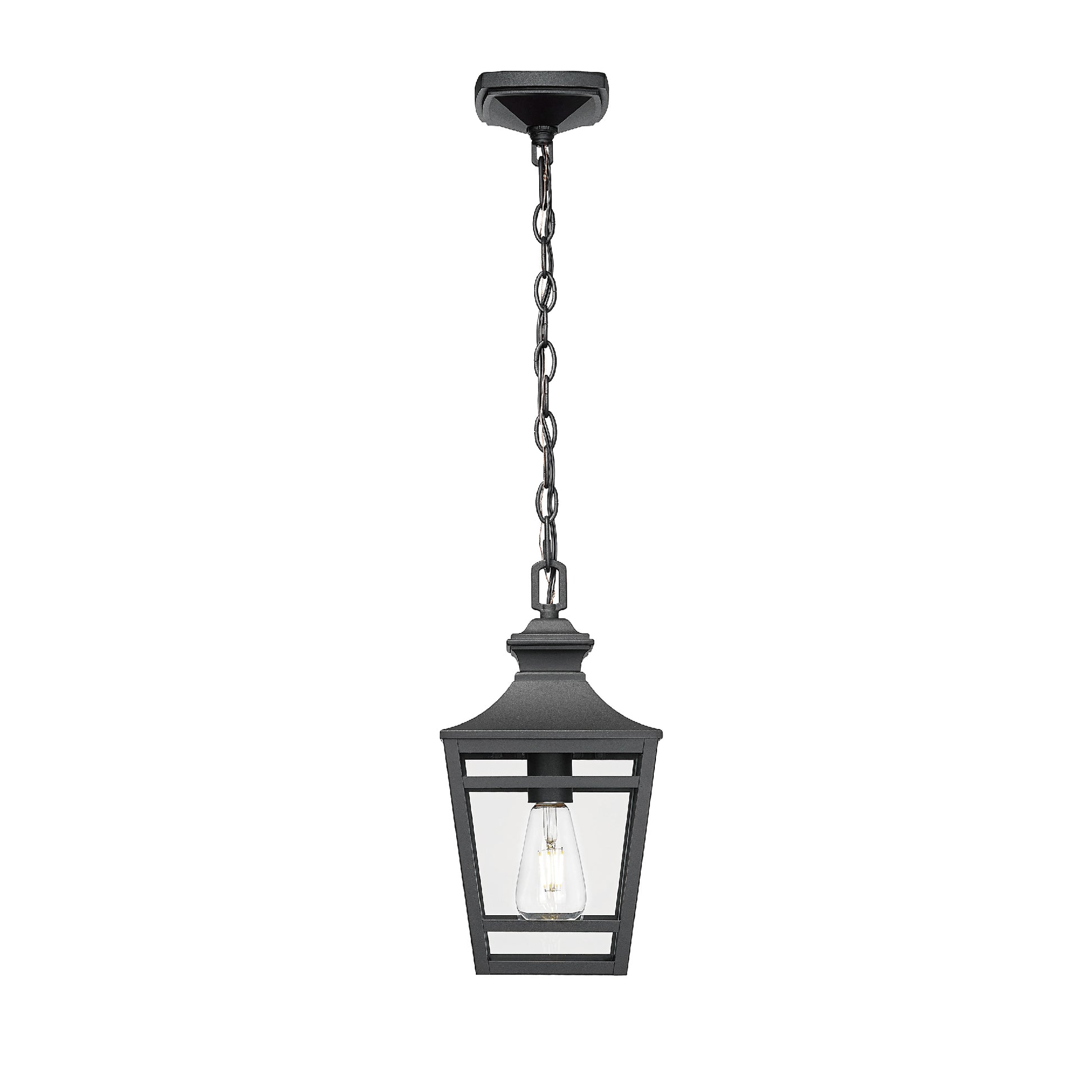 Black metal outdoor pendant light with clear glass and Edison bulb